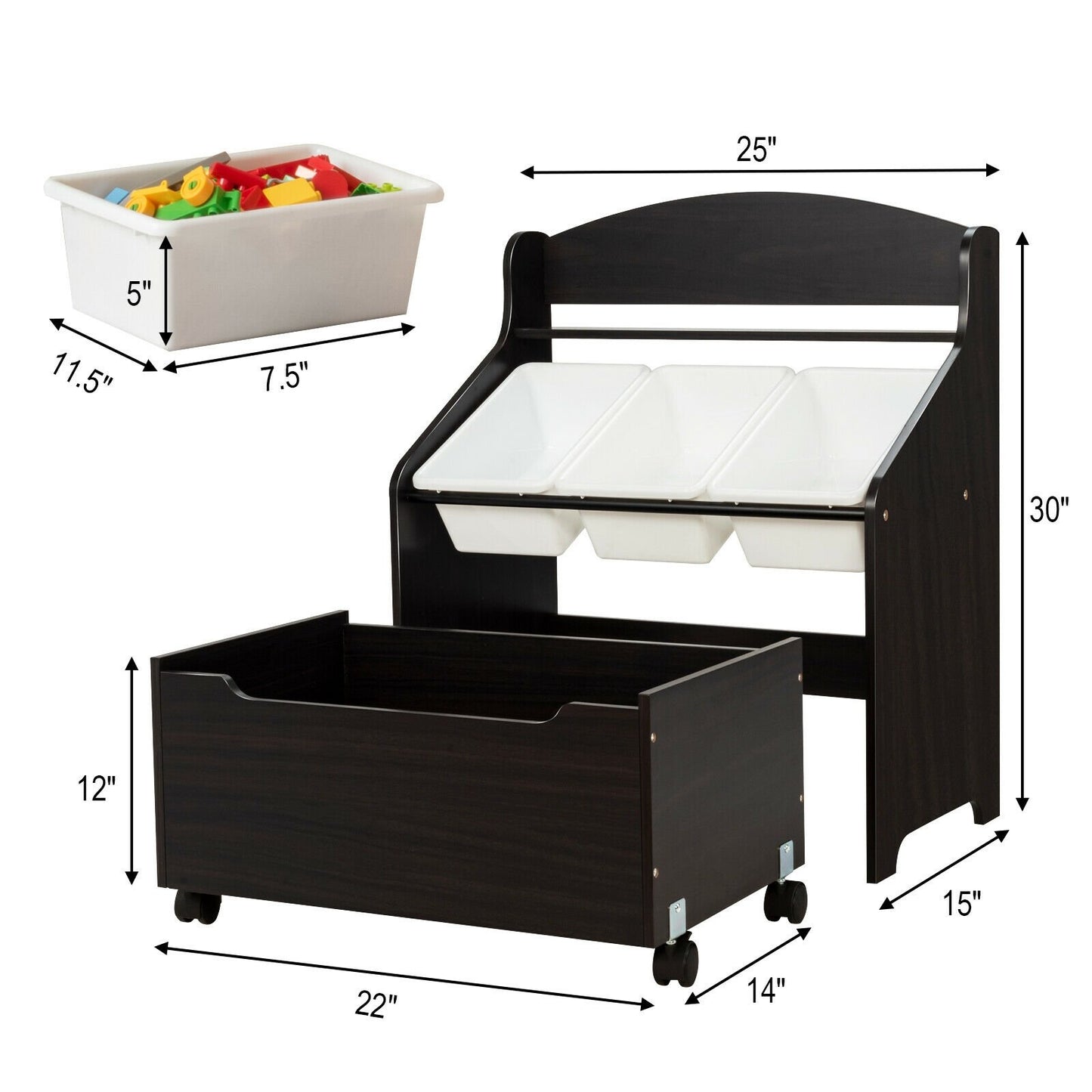 Kids Wooden Toy Storage Unit Organizer with Rolling Toy Box and Plastic Bins, Dark Brown Kids Storage   at Gallery Canada