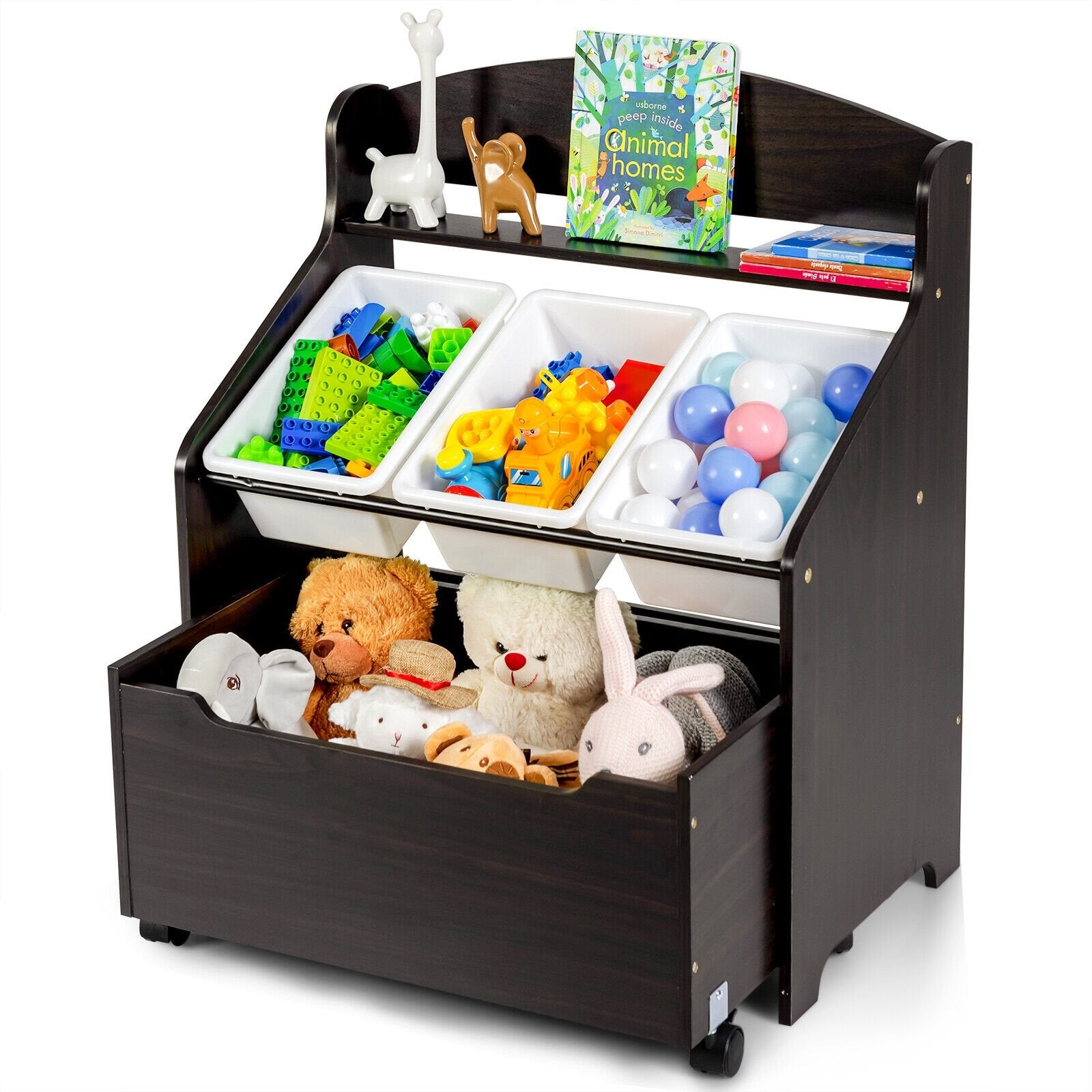 Kids Wooden Toy Storage Unit Organizer with Rolling Toy Box and Plastic Bins, Dark Brown Kids Storage   at Gallery Canada