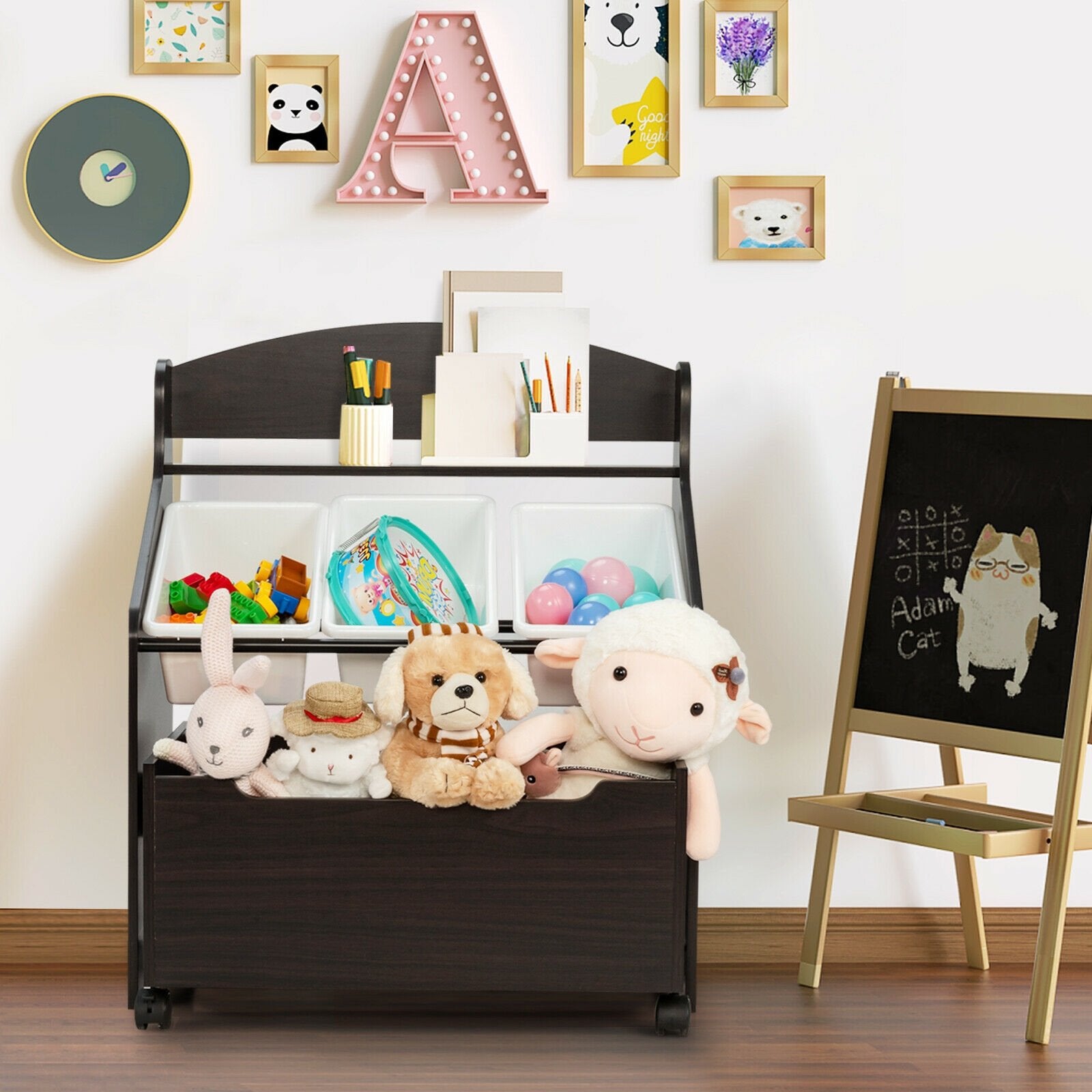 Kids Wooden Toy Storage Unit Organizer with Rolling Toy Box and Plastic Bins, Dark Brown Kids Storage   at Gallery Canada