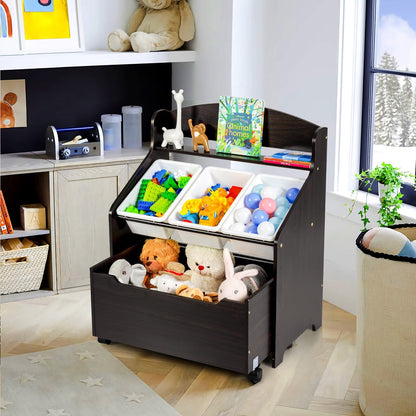 Kids Wooden Toy Storage Unit Organizer with Rolling Toy Box and Plastic Bins, Dark Brown Kids Storage   at Gallery Canada