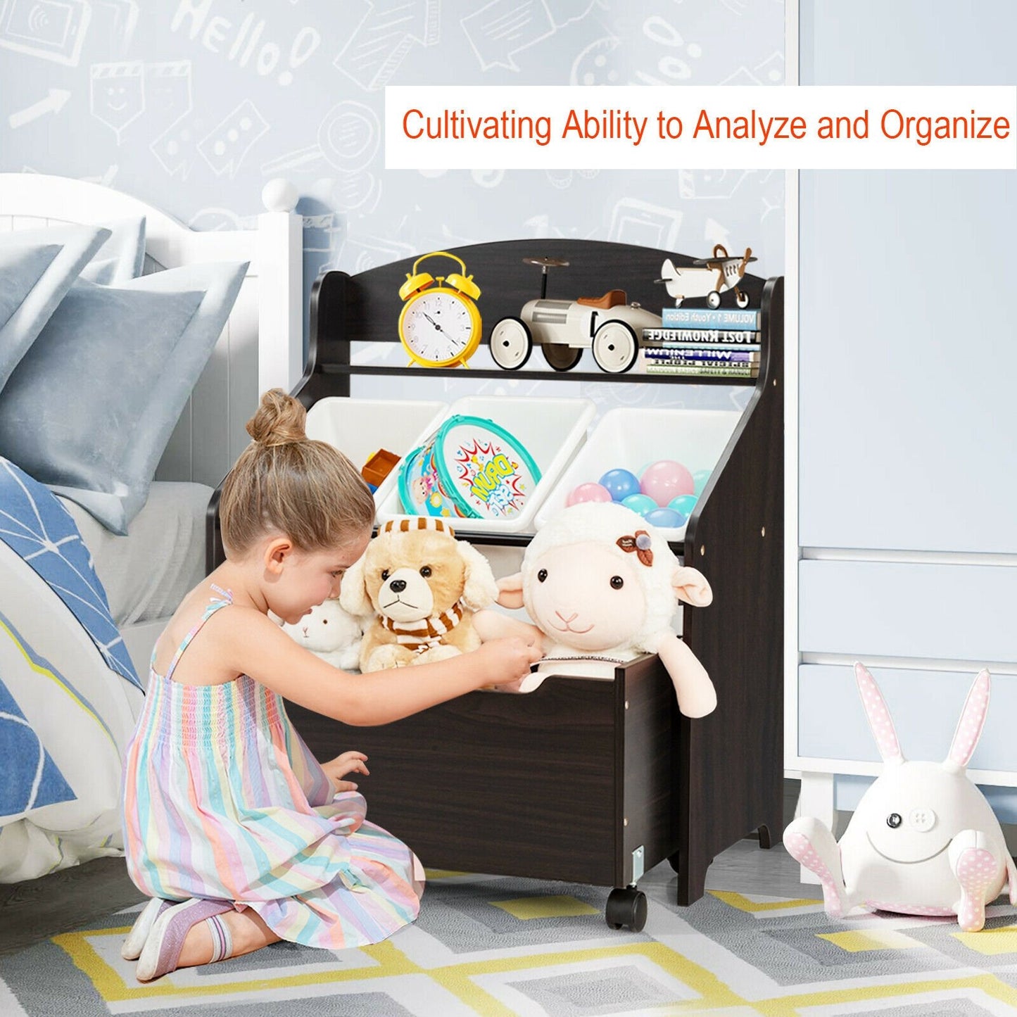 Kids Wooden Toy Storage Unit Organizer with Rolling Toy Box and Plastic Bins, Dark Brown - Gallery Canada