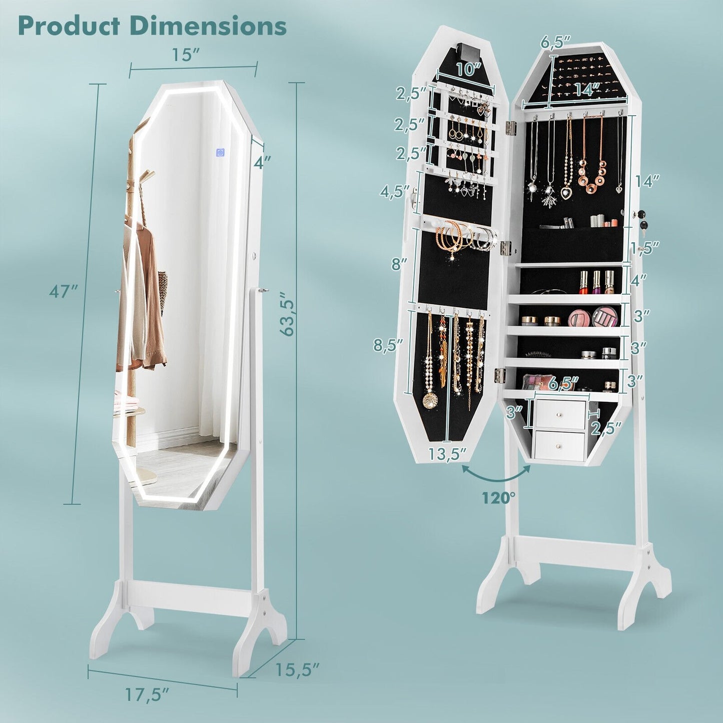 Standing Jewelry Cabinet Armoire Organizer LED Light Mirror Lockable, White - Gallery Canada