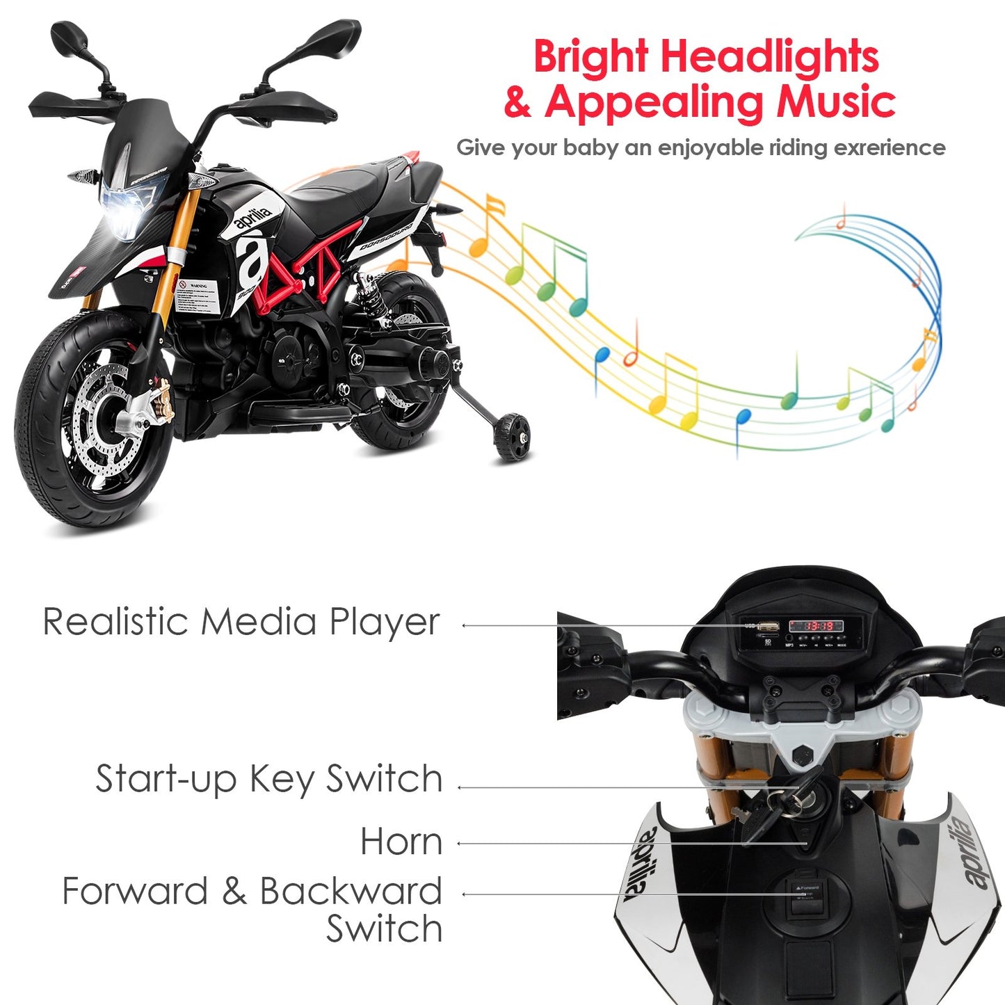 Aprilia Licensed 12V Kids Ride-On Motorcycle, Black Powered Ride On Toys   at Gallery Canada