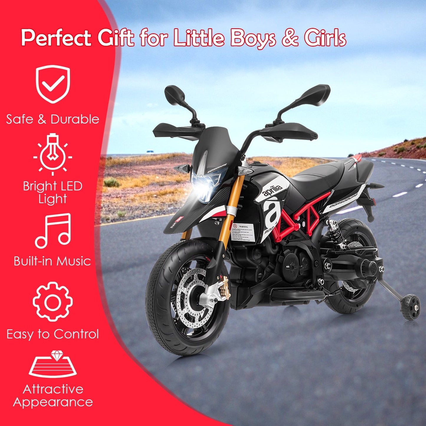 Aprilia Licensed 12V Kids Ride-On Motorcycle, Black Powered Ride On Toys   at Gallery Canada