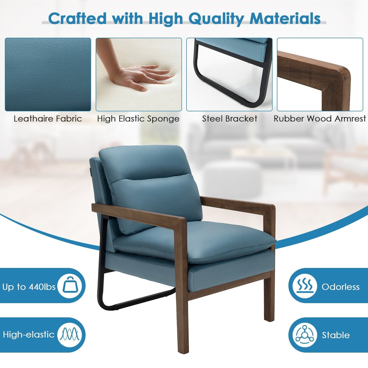 Single Sofa Chair with Extra-Thick Padded Backrest and Seat Cushion, Blue - Gallery Canada