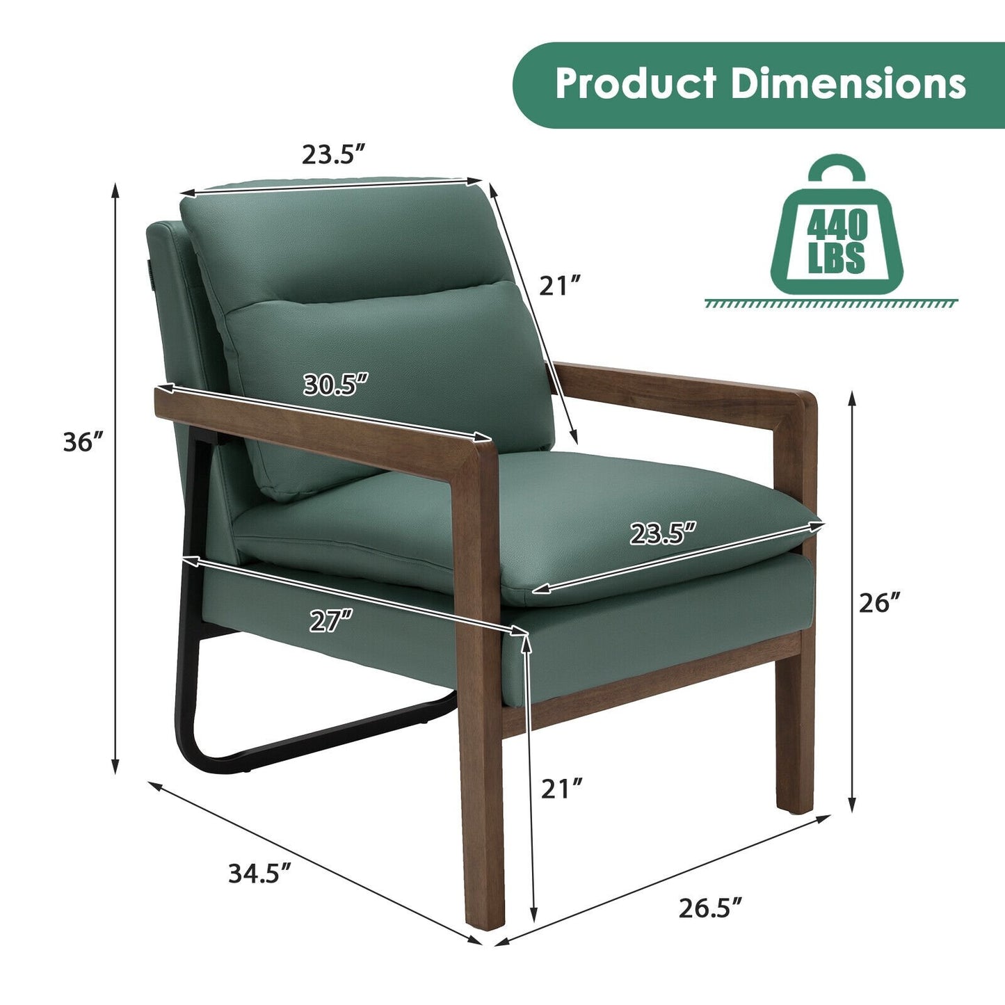 Single Sofa Chair with Extra-Thick Padded Backrest and Seat Cushion, Green - Gallery Canada