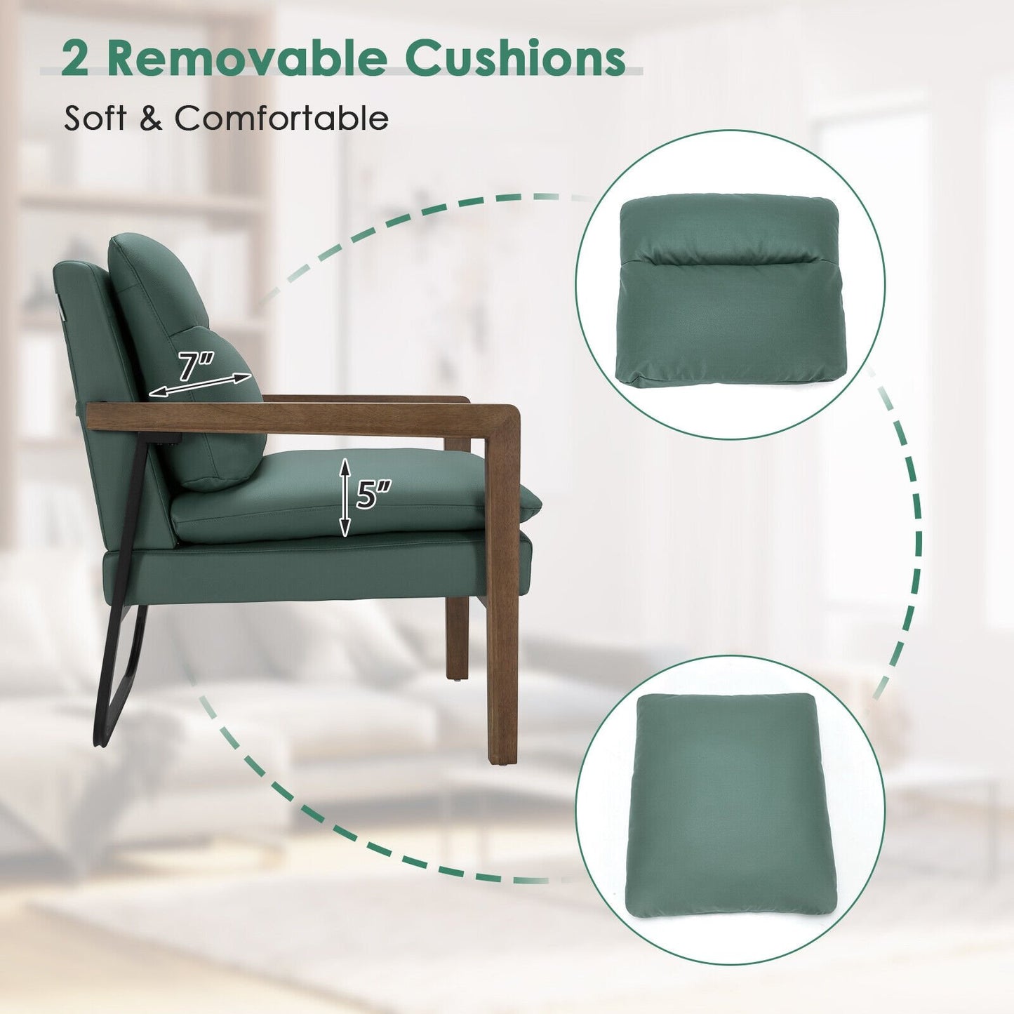 Single Sofa Chair with Extra-Thick Padded Backrest and Seat Cushion, Green - Gallery Canada