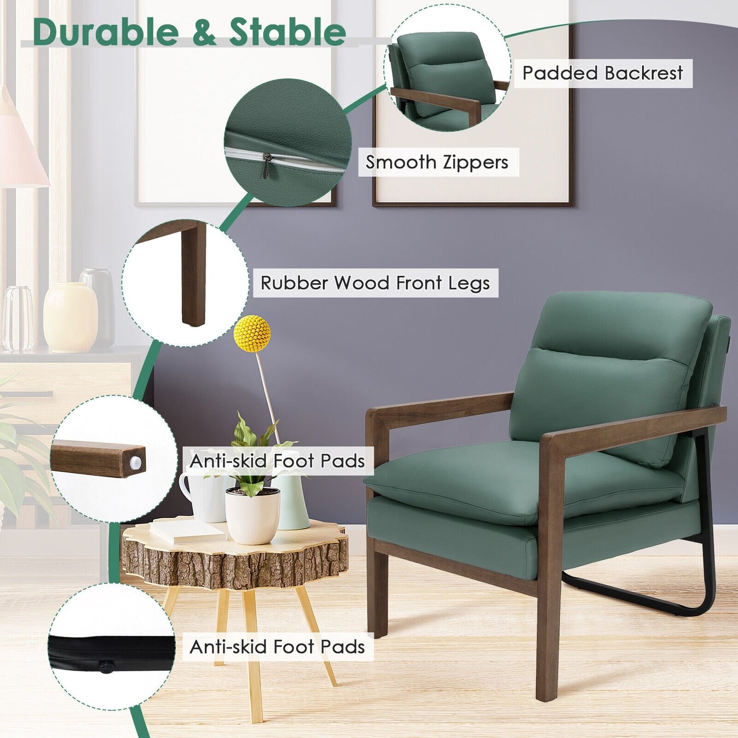 Single Sofa Chair with Extra-Thick Padded Backrest and Seat Cushion, Green - Gallery Canada