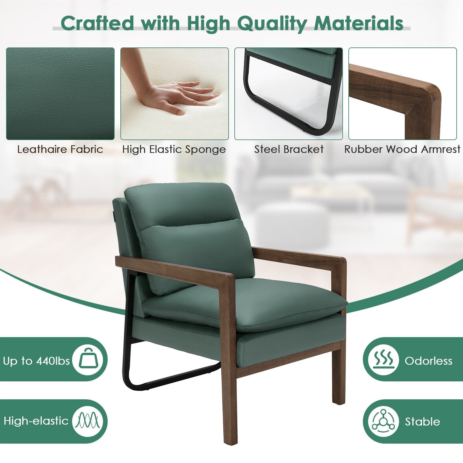 Single Sofa Chair with Extra-Thick Padded Backrest and Seat Cushion, Green - Gallery Canada