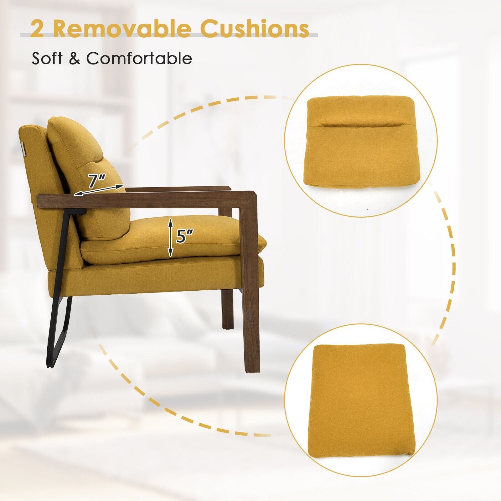 Single Sofa Chair with Extra-Thick Padded Backrest and Seat Cushion, Yellow Accent Chairs   at Gallery Canada