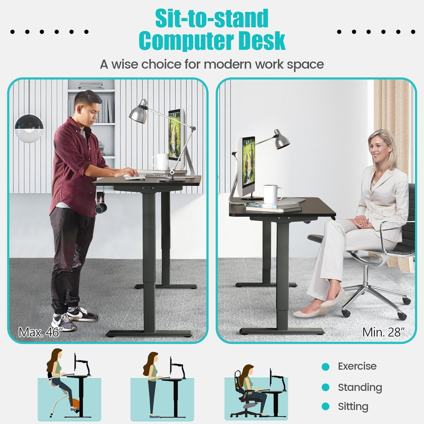 Electric Height Adjustable Standing Desk with Memory Controller, Black Standing Desks   at Gallery Canada