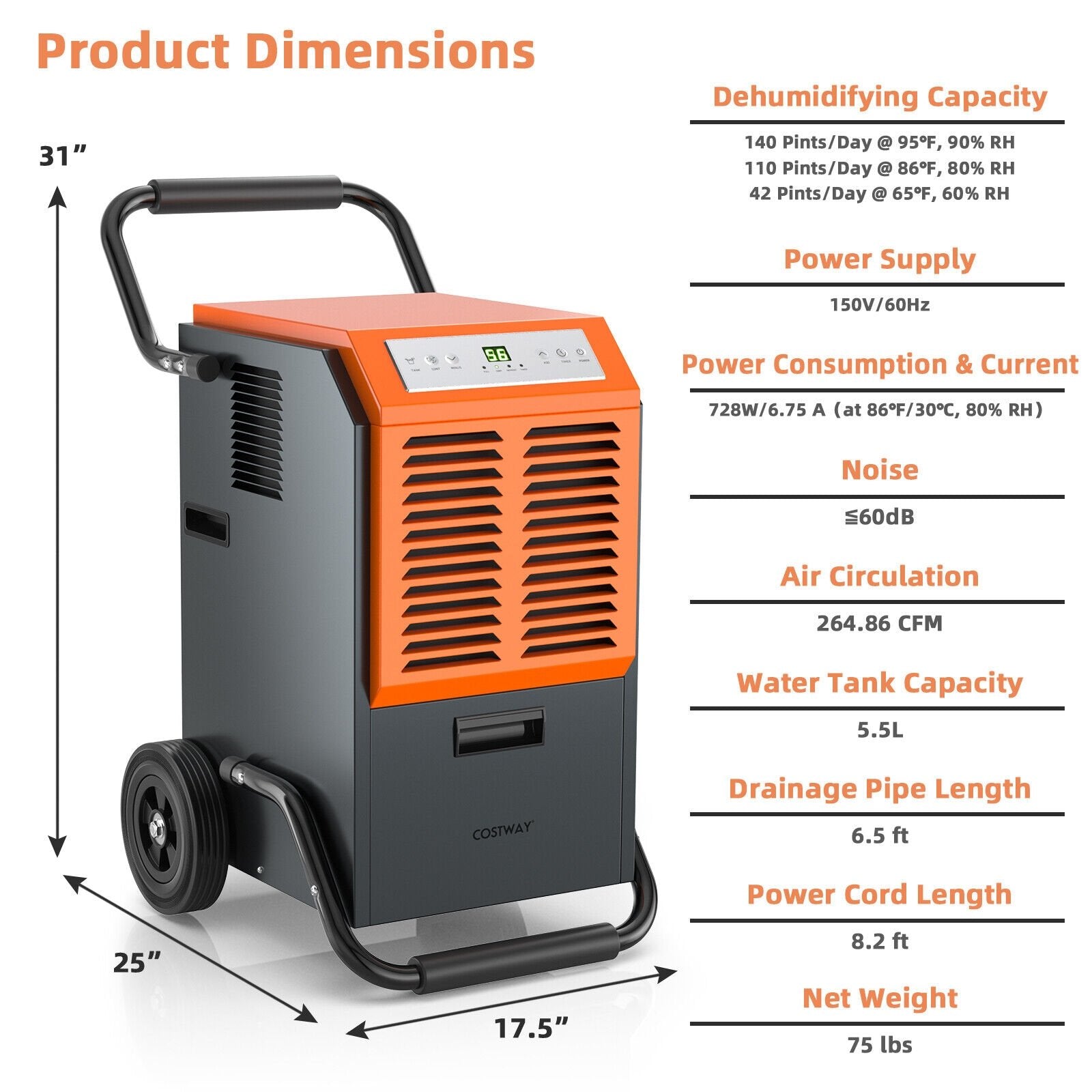 Portable Commercial Dehumidifier with Water Tank and Drainage Pipe, Gray Dehumidifiers   at Gallery Canada