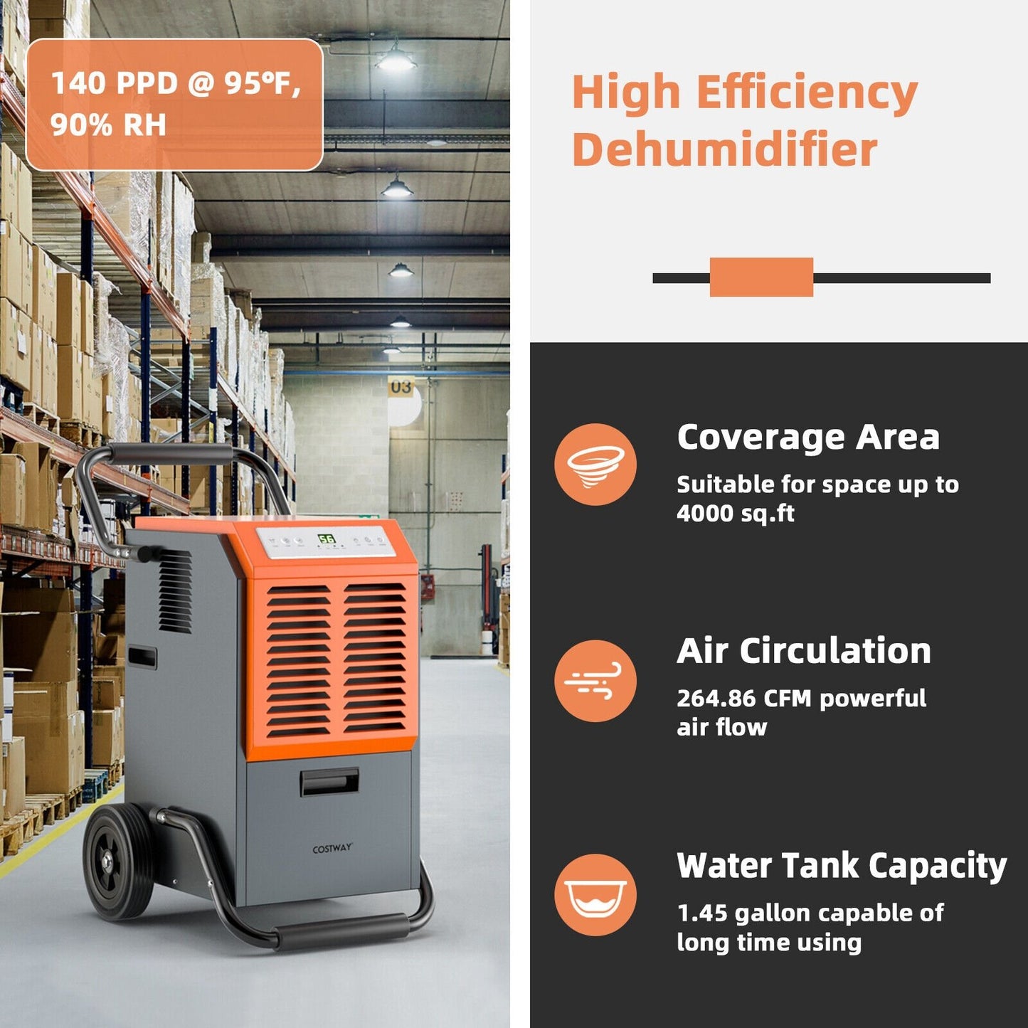 Portable Commercial Dehumidifier with Water Tank and Drainage Pipe, Gray Dehumidifiers   at Gallery Canada