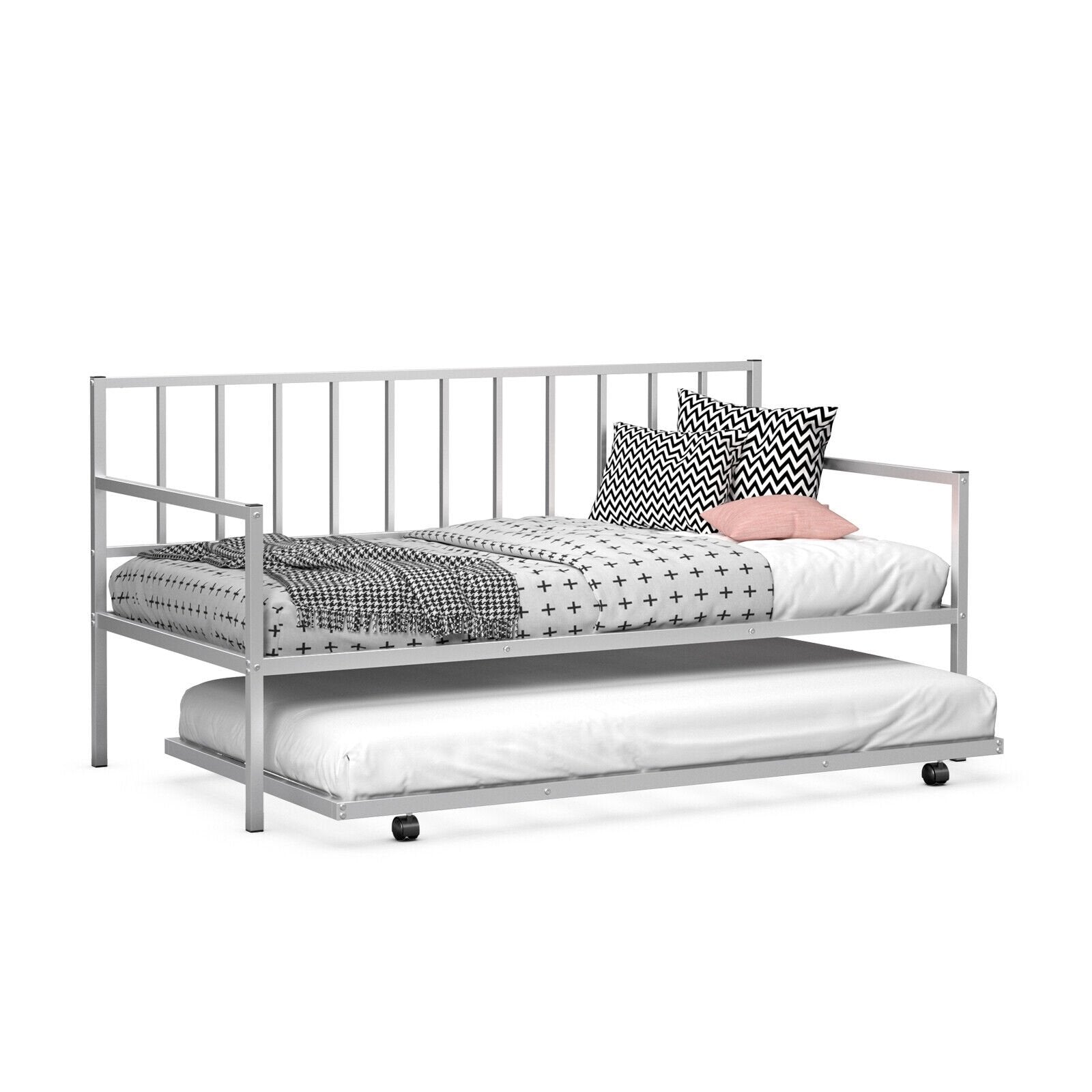 Twin Metal Daybed Sofa Bed Set with Roll Out Trundle, Silver Trundle Bed Frame   at Gallery Canada