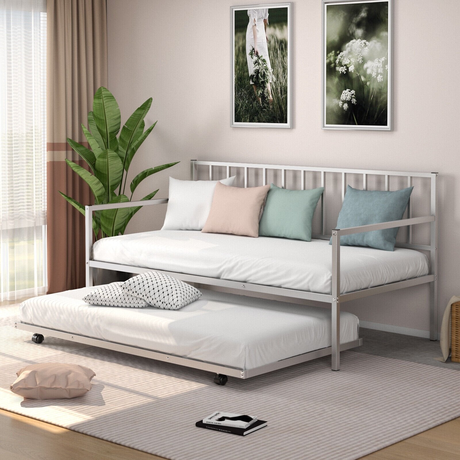 Twin Metal Daybed Sofa Bed Set with Roll Out Trundle, Silver Trundle Bed Frame   at Gallery Canada