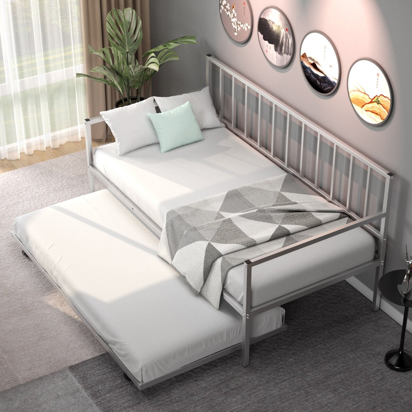 Twin Metal Daybed Sofa Bed Set with Roll Out Trundle, Silver Trundle Bed Frame   at Gallery Canada