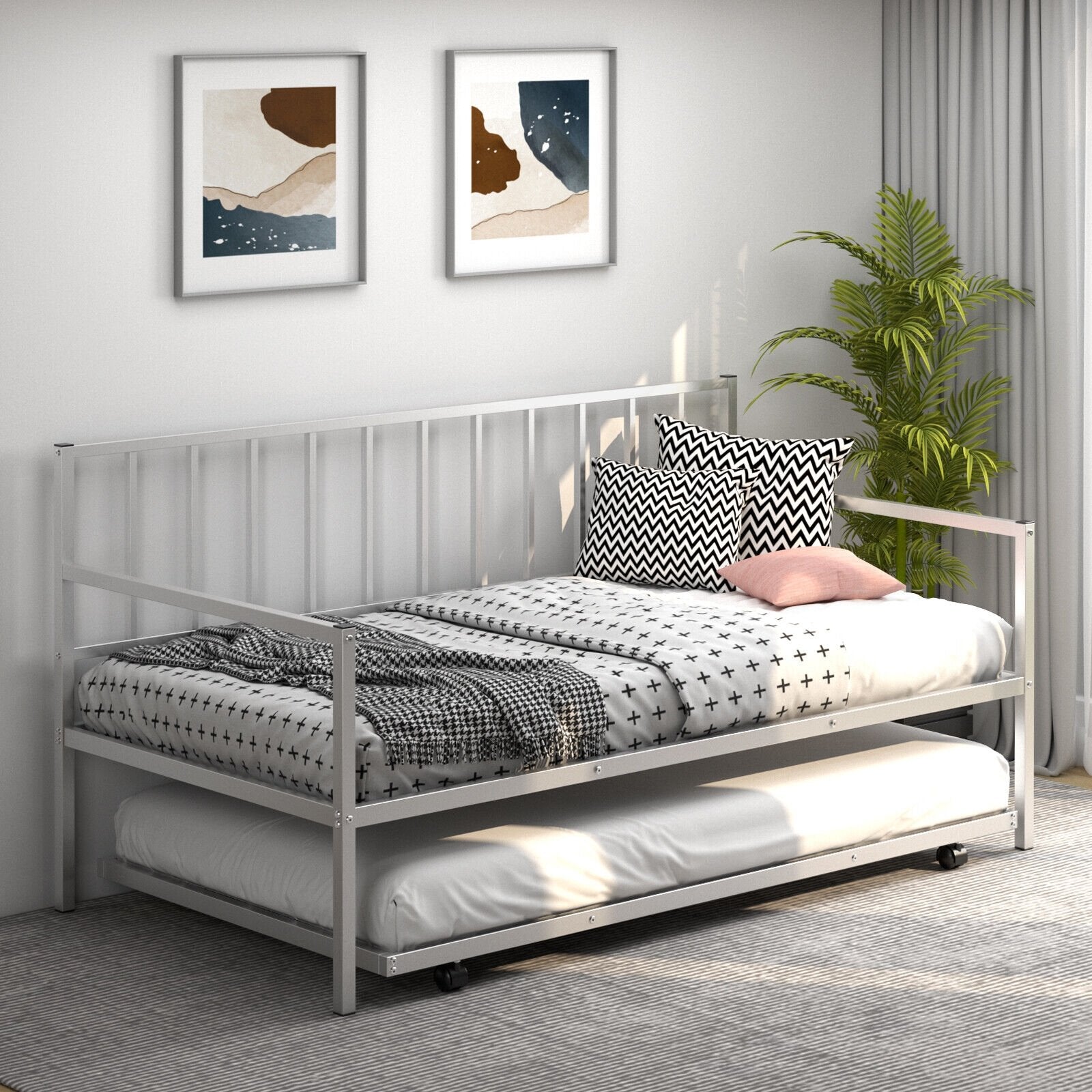 Twin Metal Daybed Sofa Bed Set with Roll Out Trundle, Silver Trundle Bed Frame   at Gallery Canada