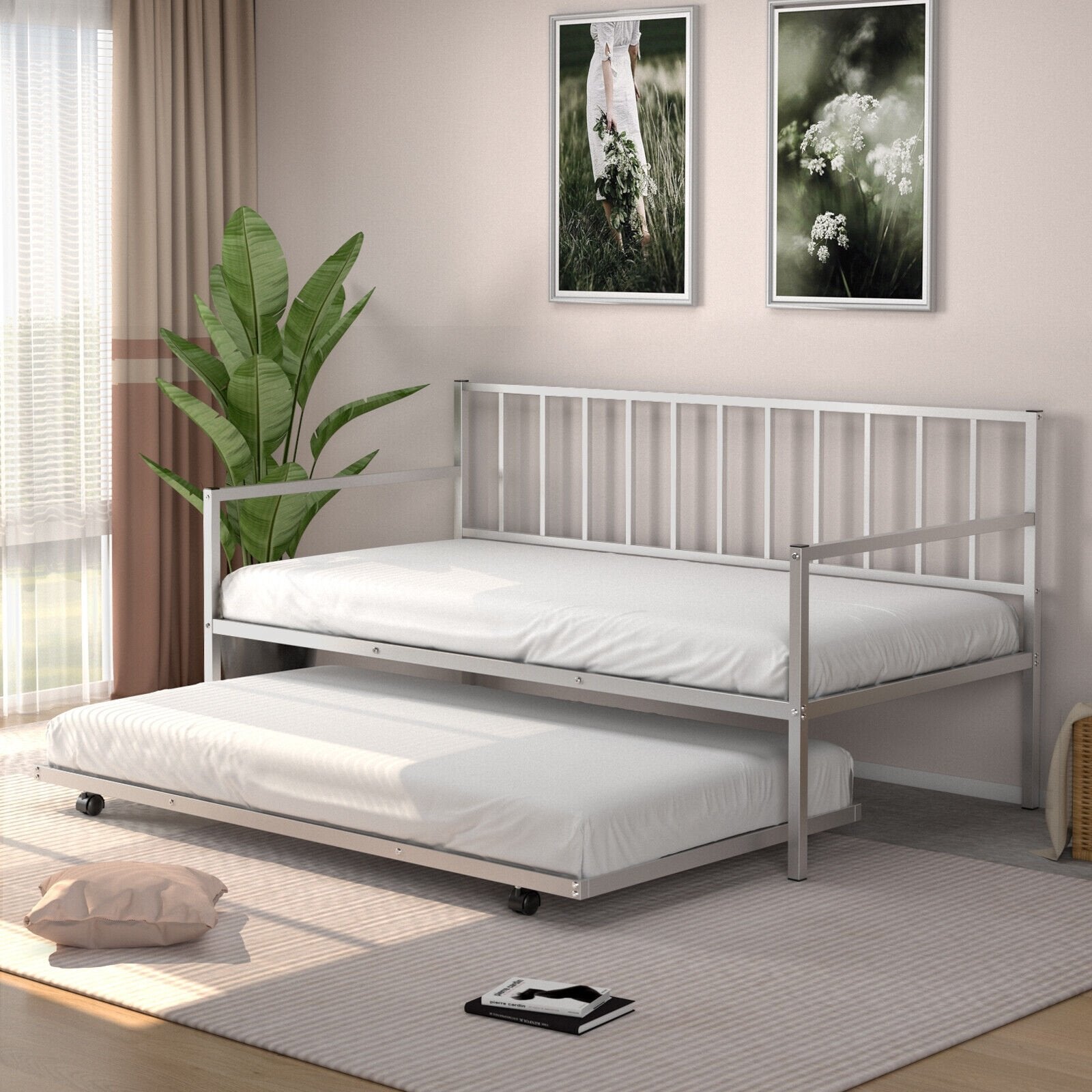 Twin Metal Daybed Sofa Bed Set with Roll Out Trundle, Silver Trundle Bed Frame   at Gallery Canada