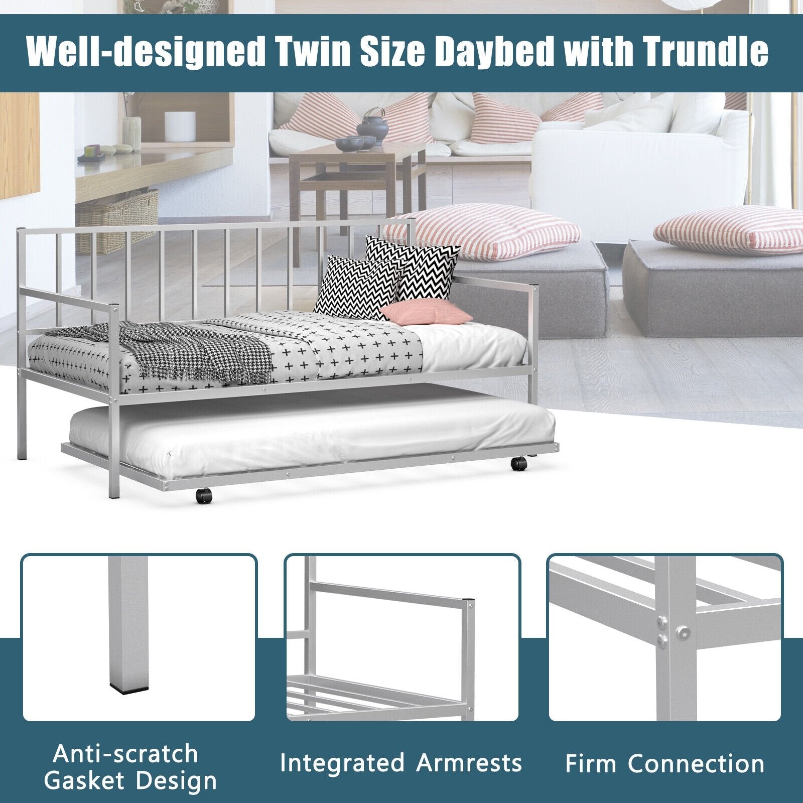 Twin Metal Daybed Sofa Bed Set with Roll Out Trundle, Silver Trundle Bed Frame   at Gallery Canada