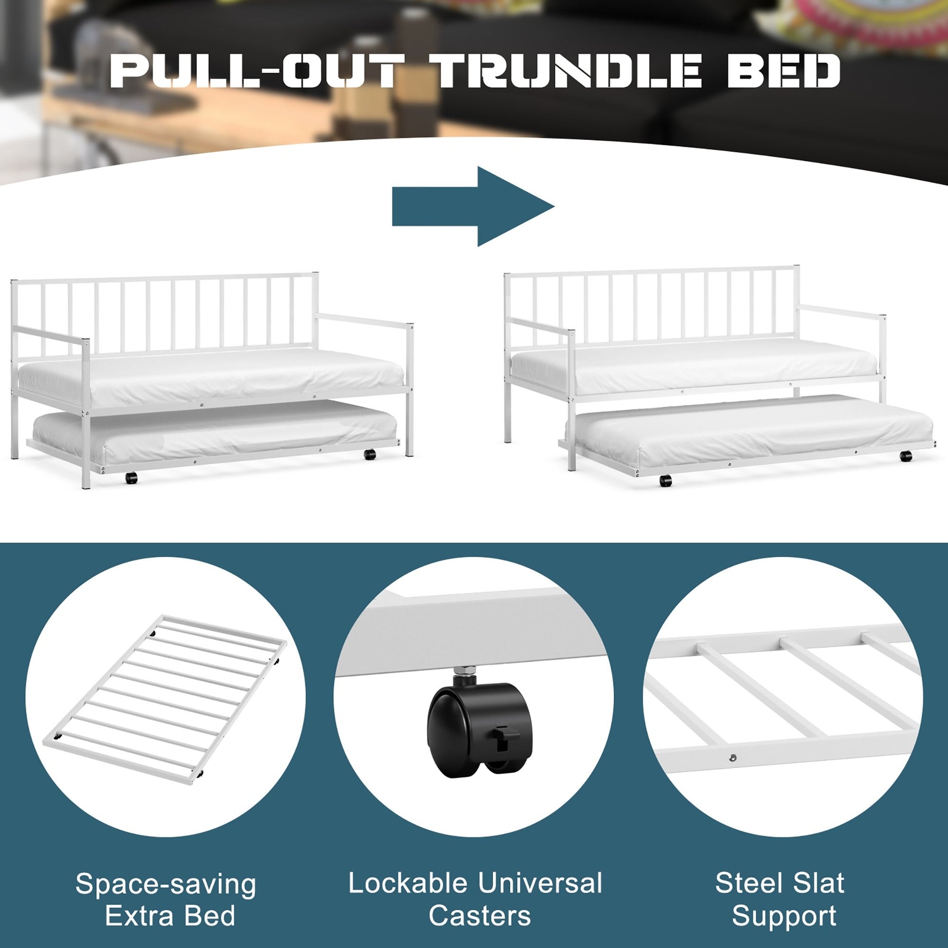 Twin Metal Daybed Sofa Bed Set with Roll Out Trundle, White - Gallery Canada