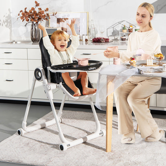 Baby High Chair Foldable Feeding Chair with 4 Lockable Wheels, Black High Chairs Black  at Gallery Canada