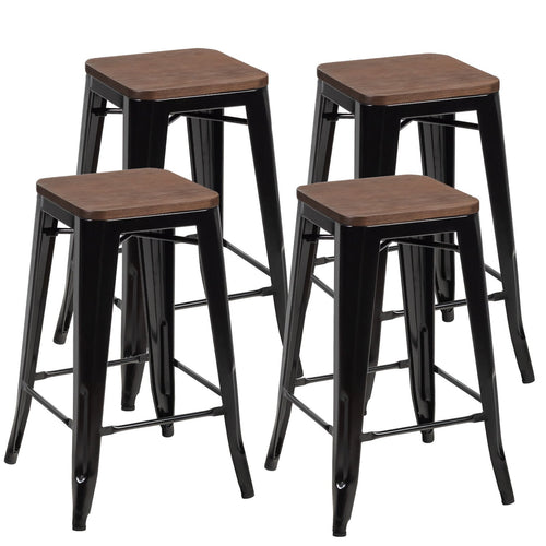 Set of 4 Counter Height Backless Barstools with Wood Seats, Black