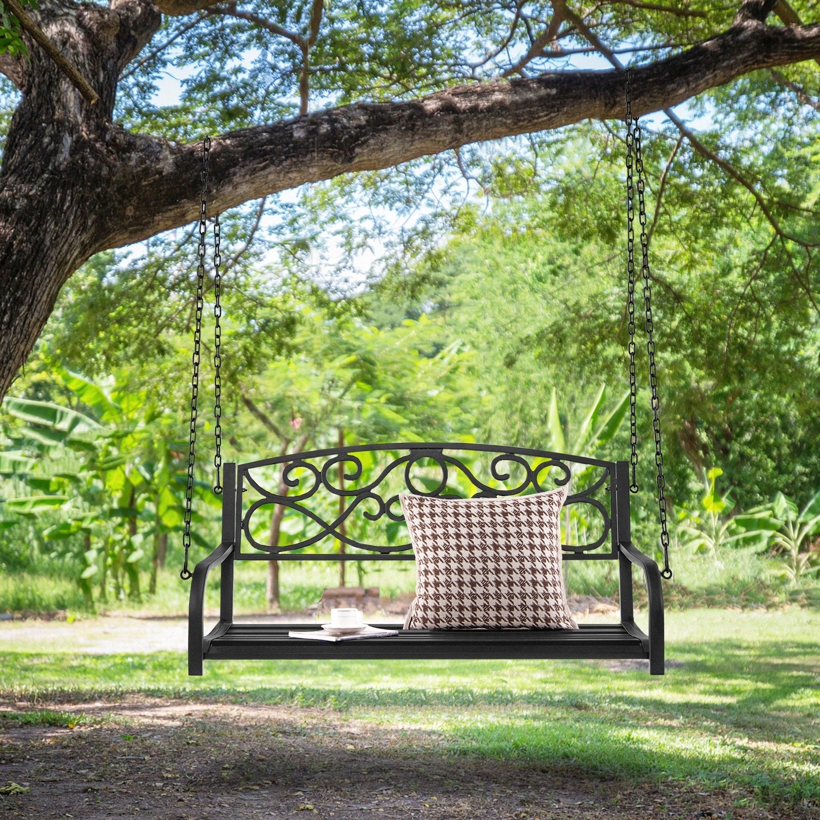 Outdoor 2-Person Metal Porch Swing Chair with Chains, Black Porch Swings   at Gallery Canada