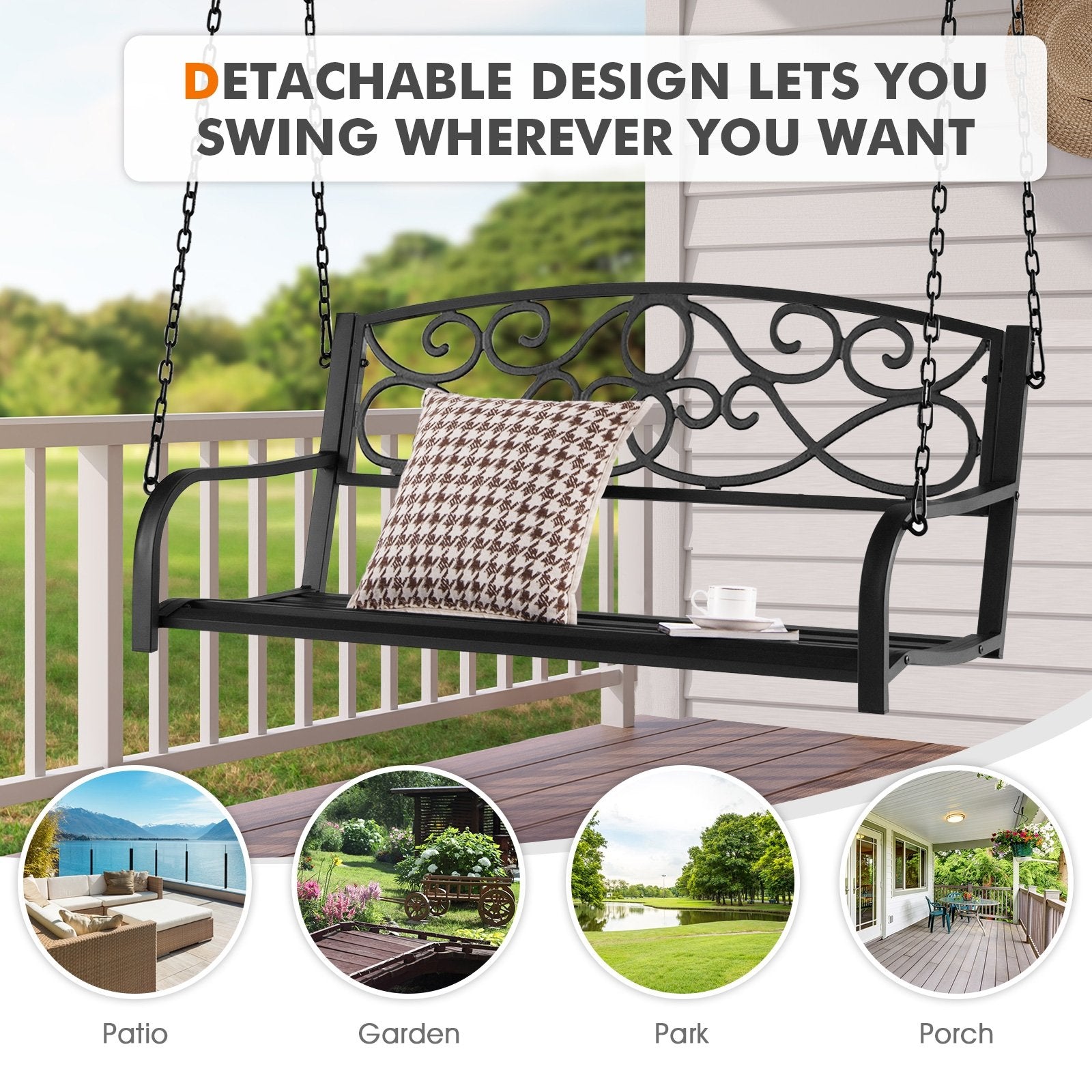 Outdoor 2-Person Metal Porch Swing Chair with Chains, Black Porch Swings   at Gallery Canada