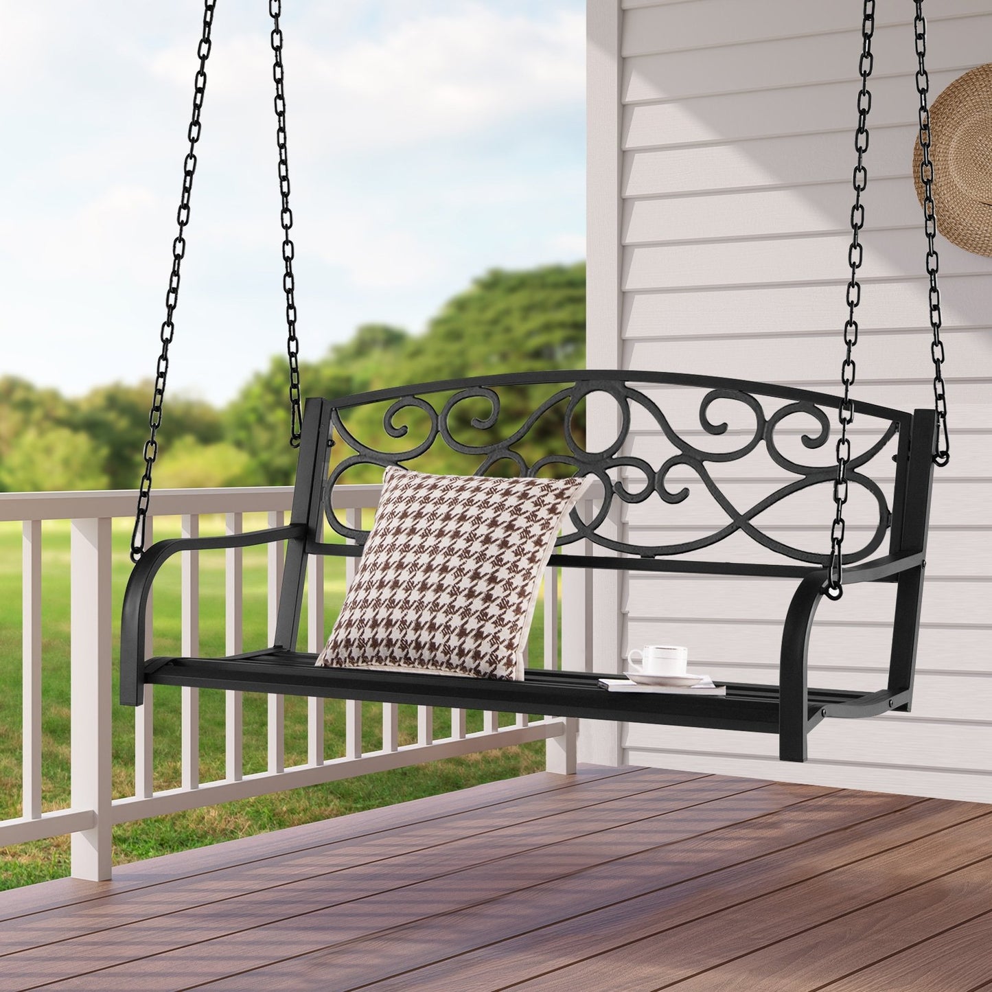 Outdoor 2-Person Metal Porch Swing Chair with Chains, Black Porch Swings   at Gallery Canada