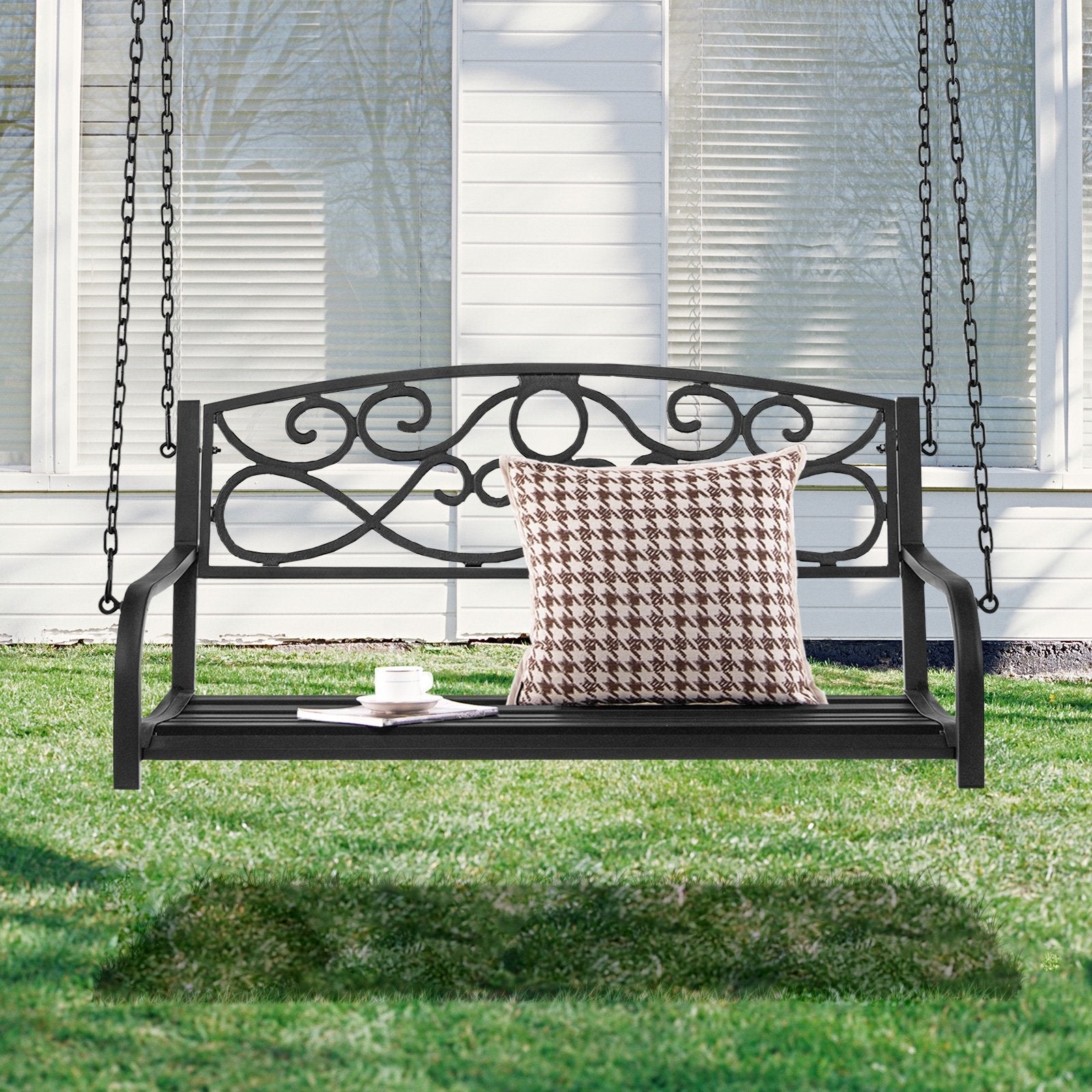 Outdoor 2-Person Metal Porch Swing Chair with Chains, Black Porch Swings   at Gallery Canada