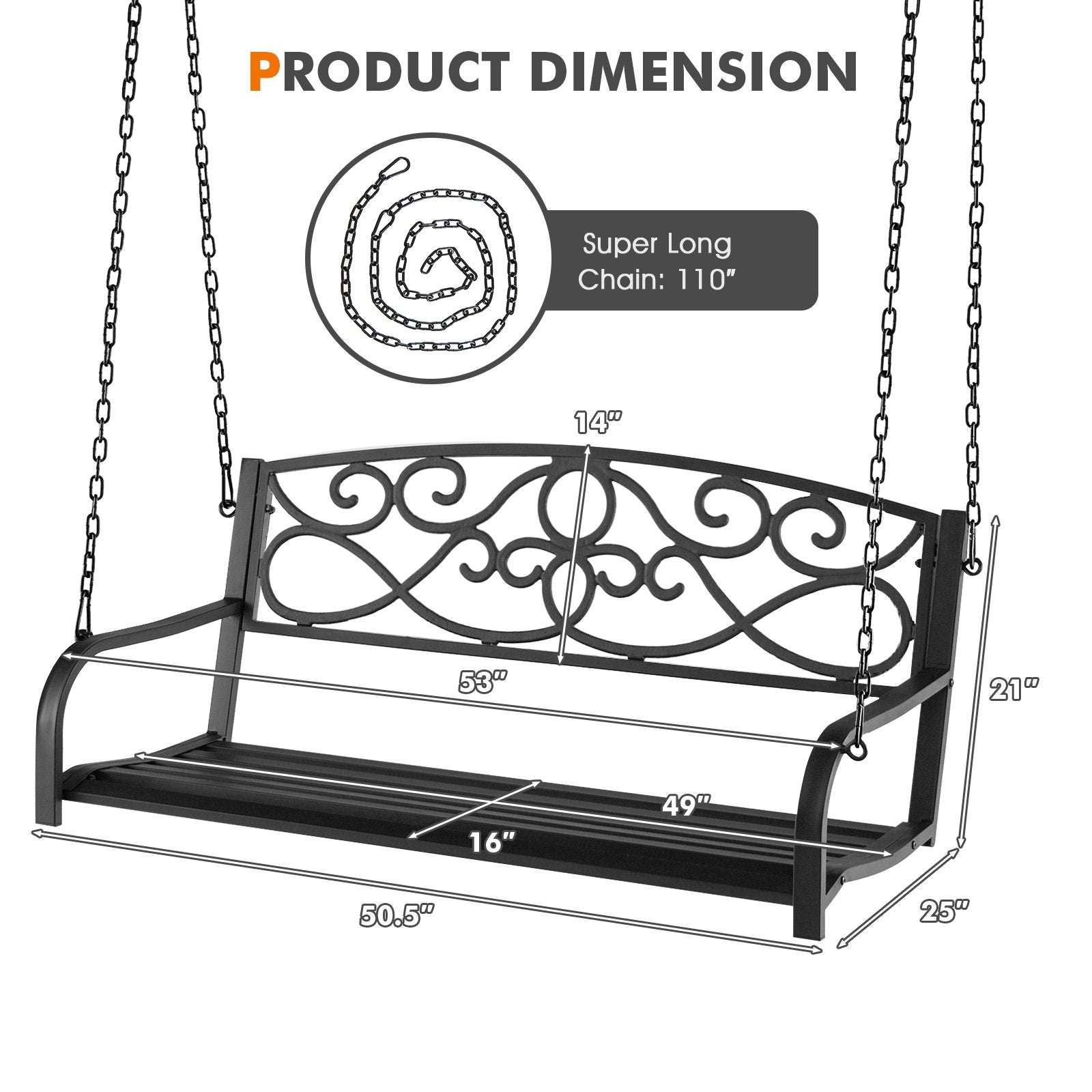 Outdoor 2-Person Metal Porch Swing Chair with Chains, Black Porch Swings   at Gallery Canada