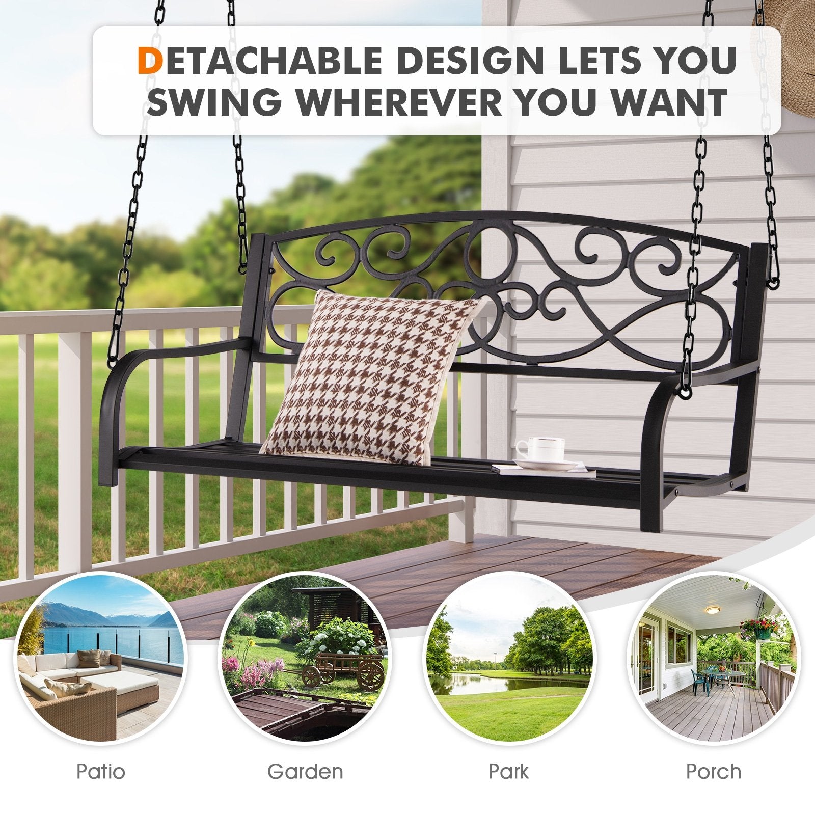 Outdoor 2-Person Metal Porch Swing Chair with Chains, Brown Porch Swings   at Gallery Canada