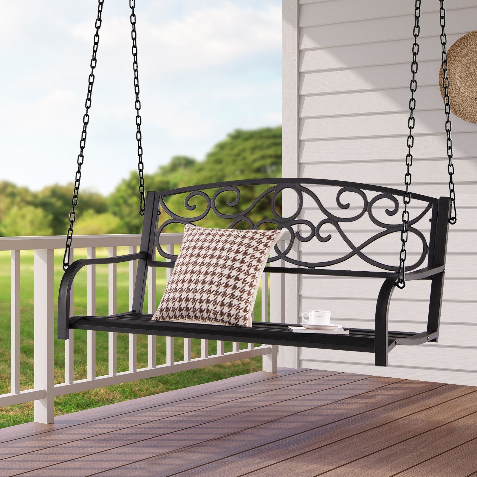 Outdoor 2-Person Metal Porch Swing Chair with Chains, Brown Porch Swings   at Gallery Canada