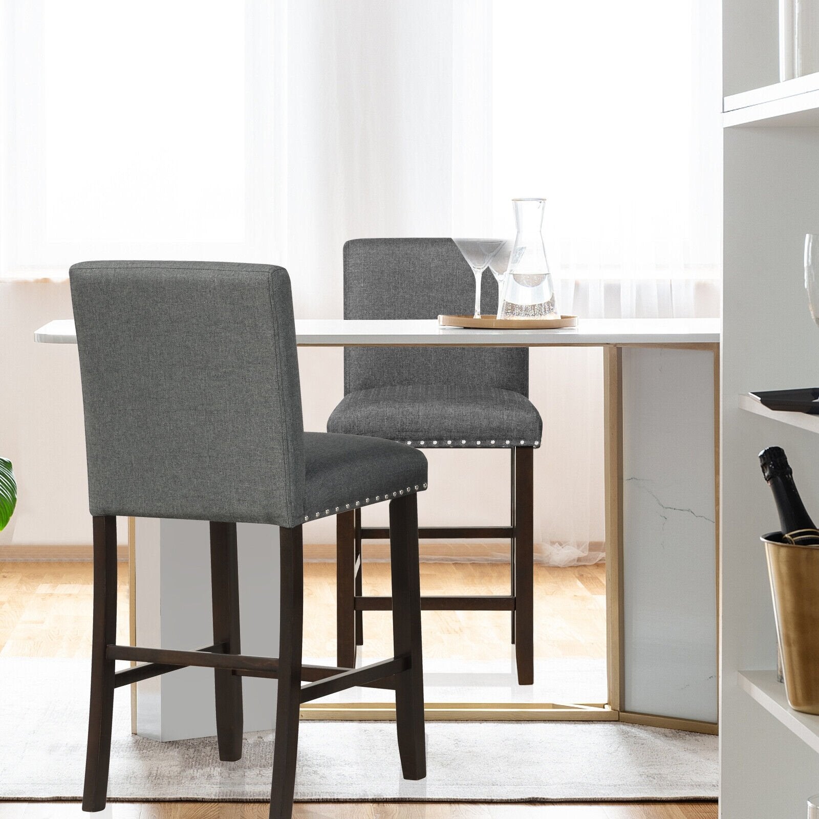 Set of 2 Linen Fabric Bar Stools with Back for Kitchen Island, Gray Bar Stools   at Gallery Canada