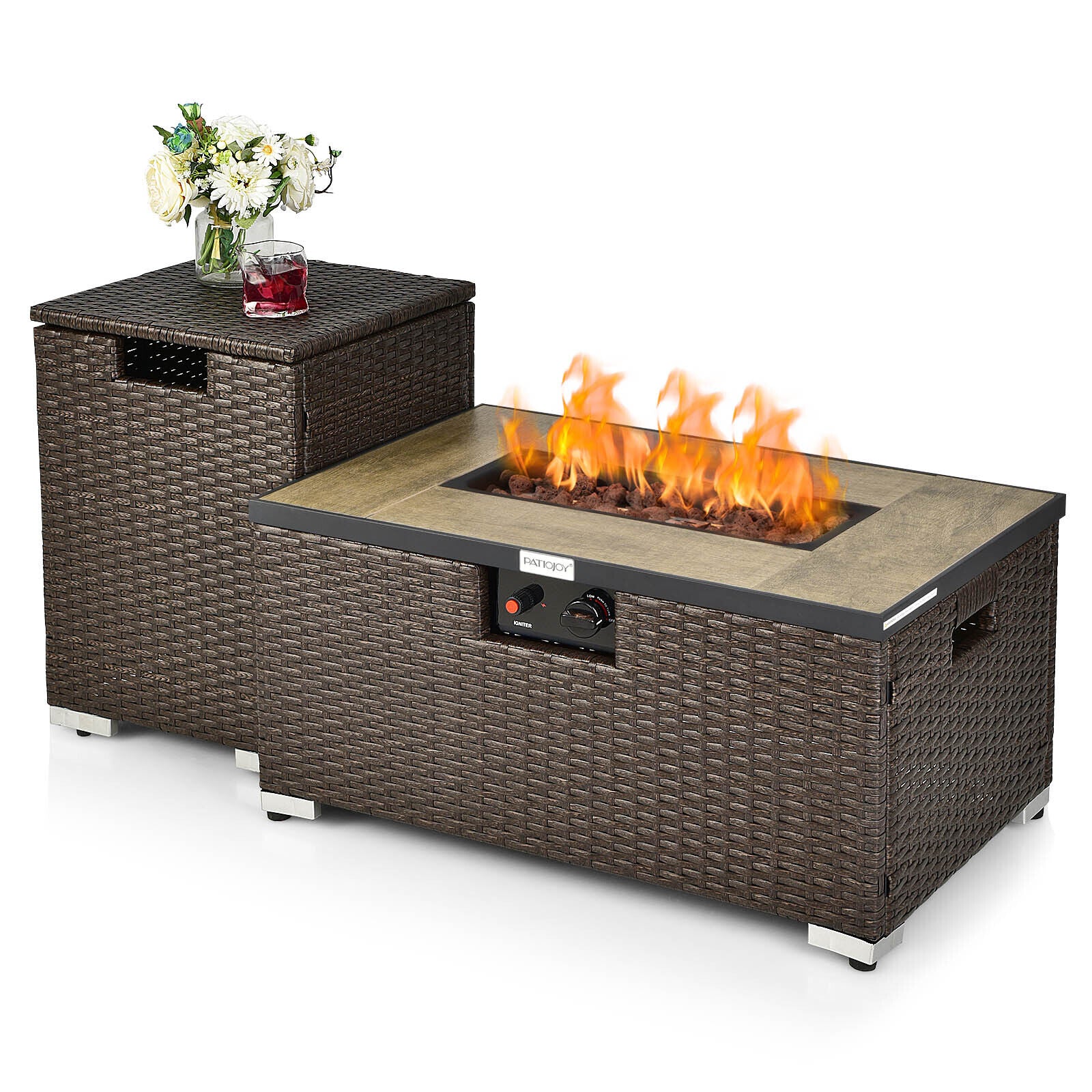 32 Inch x 20 Inch Propane Rattan Fire Pit Table Set with Side Table Tank and Cover, Brown Fire Pit Tables   at Gallery Canada