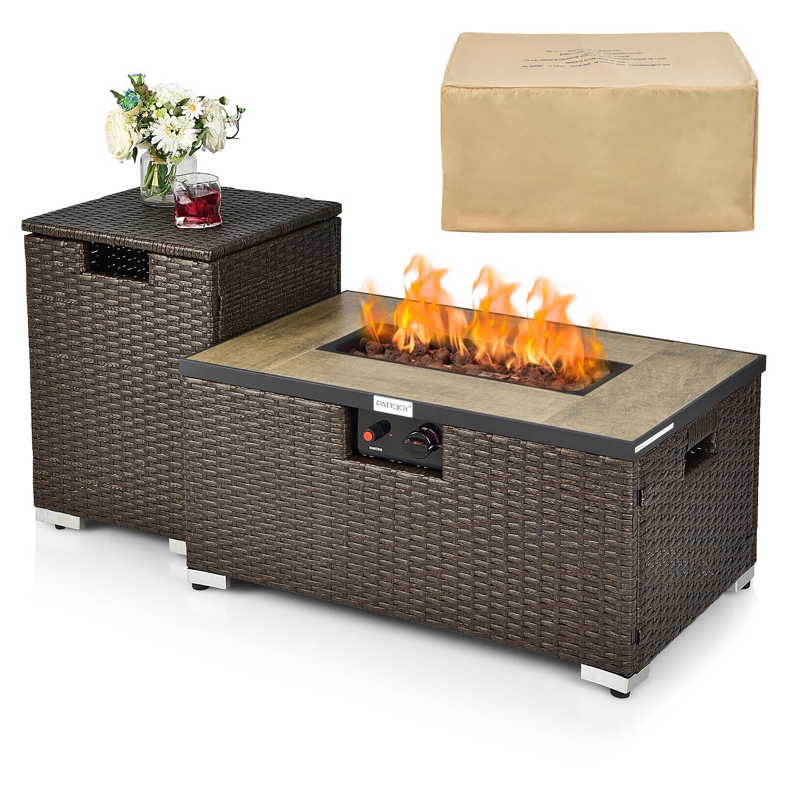 32 Inch x 20 Inch Propane Rattan Fire Pit Table Set with Side Table Tank and Cover, Brown Fire Pit Tables Brown  at Gallery Canada