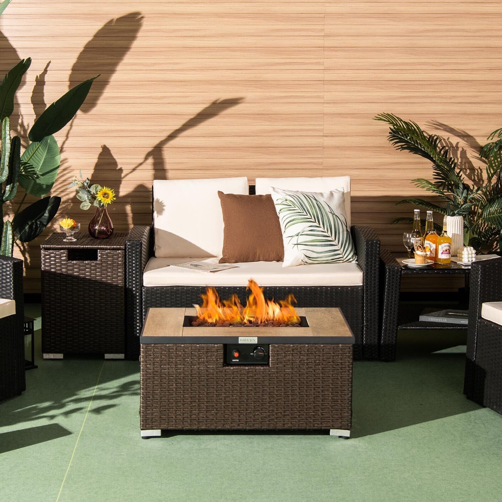 32 Inch x 20 Inch Propane Rattan Fire Pit Table Set with Side Table Tank and Cover, Brown Fire Pit Tables   at Gallery Canada