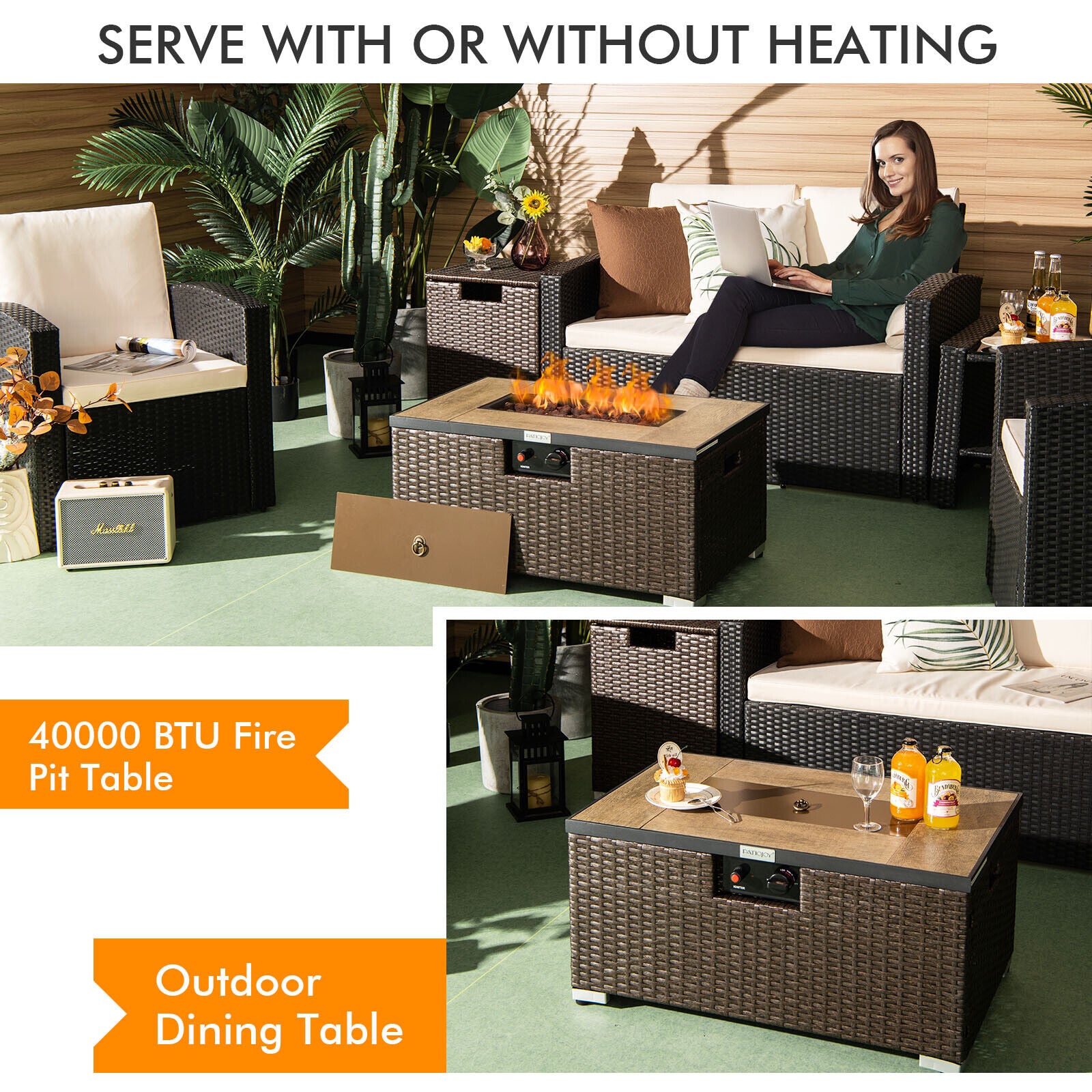 32 Inch x 20 Inch Propane Rattan Fire Pit Table Set with Side Table Tank and Cover, Brown Fire Pit Tables   at Gallery Canada