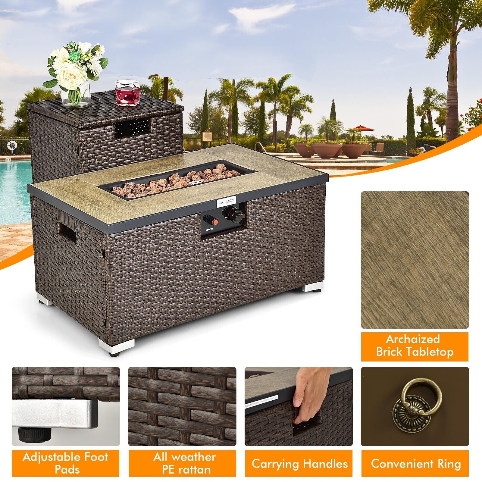 32 Inch x 20 Inch Propane Rattan Fire Pit Table Set with Side Table Tank and Cover, Brown Fire Pit Tables   at Gallery Canada