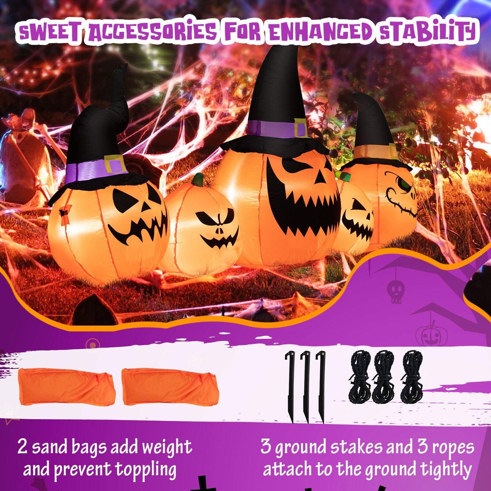 8 Feet Inflatable Pumpkin Family Waterproof Halloween Yard Decoration with LED Lights, Orange - Gallery Canada