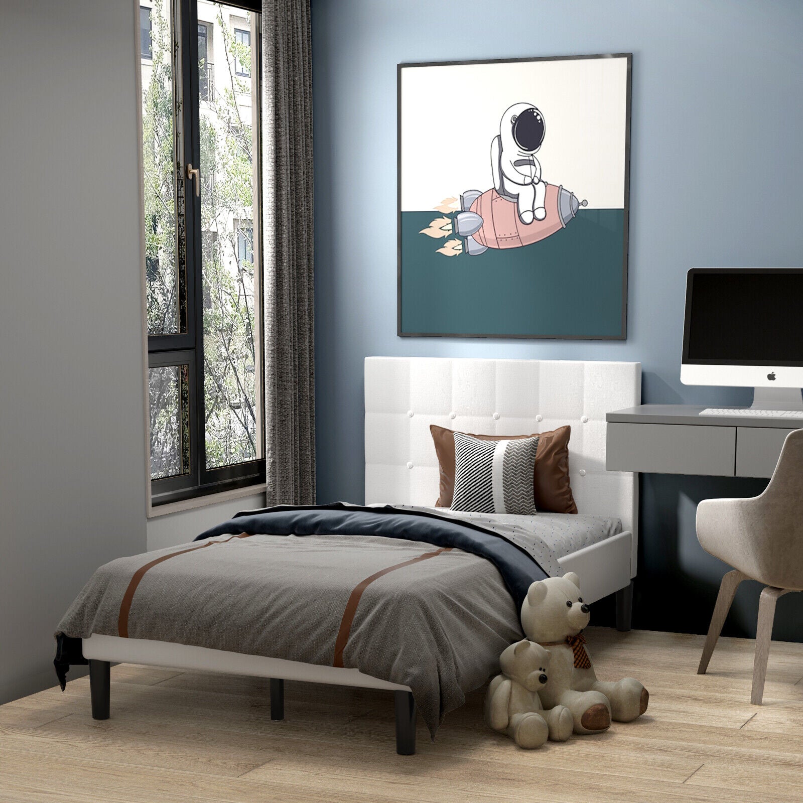 Platform Bed with Button Tufted Headboard, Beige Simple Bed Frame   at Gallery Canada