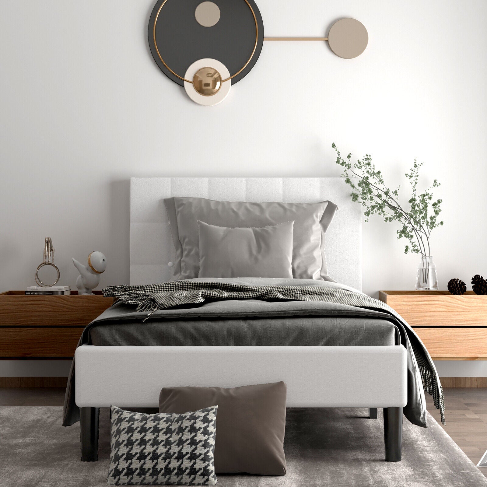 Platform Bed with Button Tufted Headboard, Beige Simple Bed Frame   at Gallery Canada