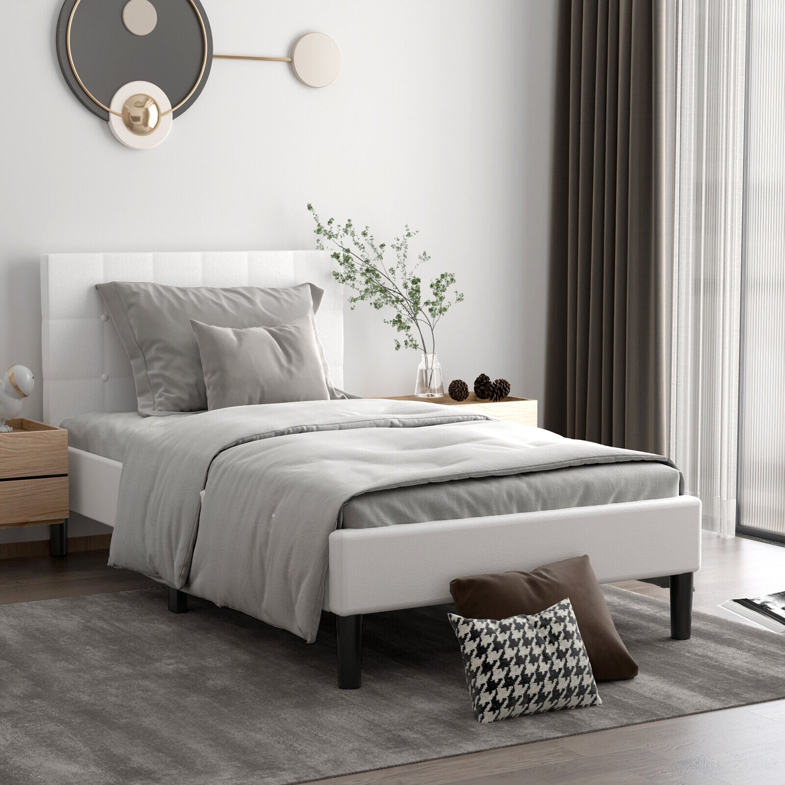 Platform Bed with Button Tufted Headboard, Beige Simple Bed Frame   at Gallery Canada