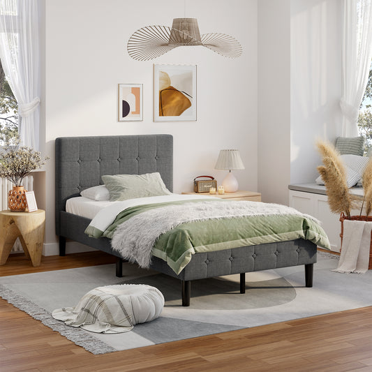 Platform Bed with Button Tufted Headboard, Gray Simple Bed Frame Gray  at Gallery Canada