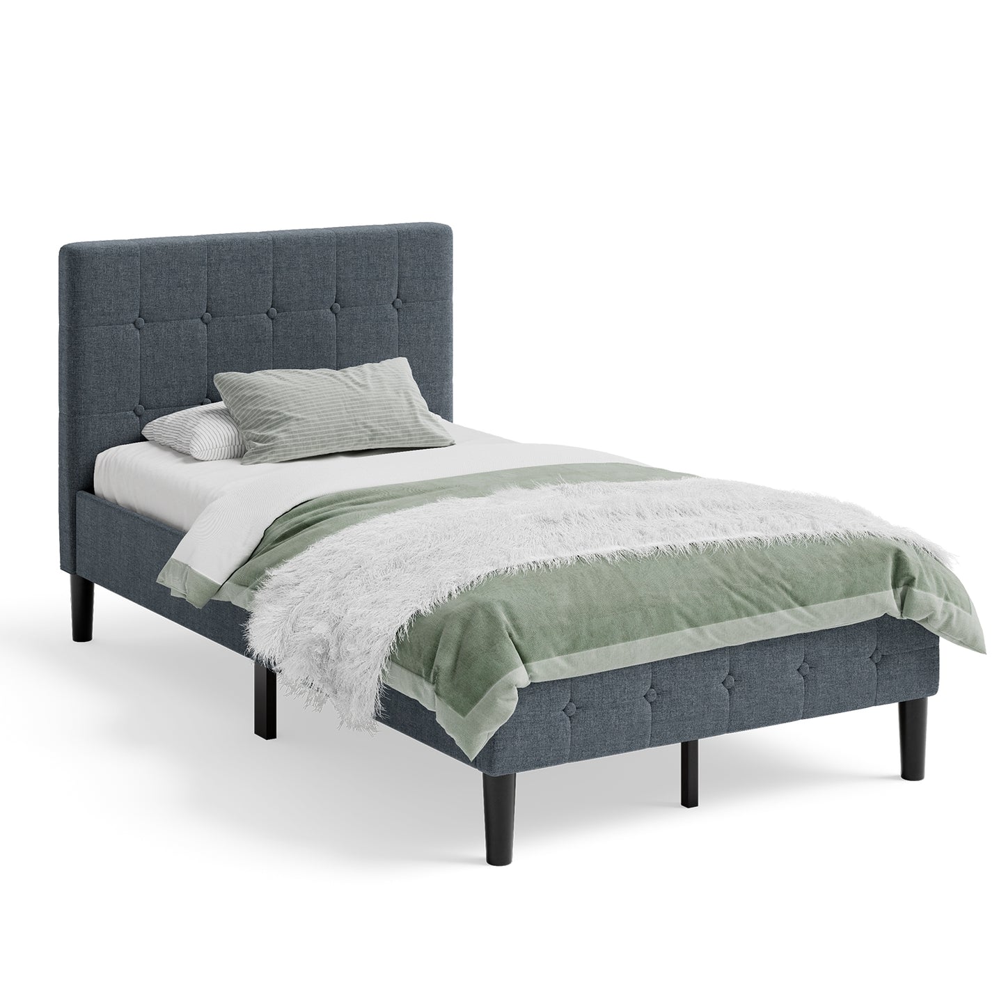 Platform Bed with Button Tufted Headboard, Gray Simple Bed Frame   at Gallery Canada