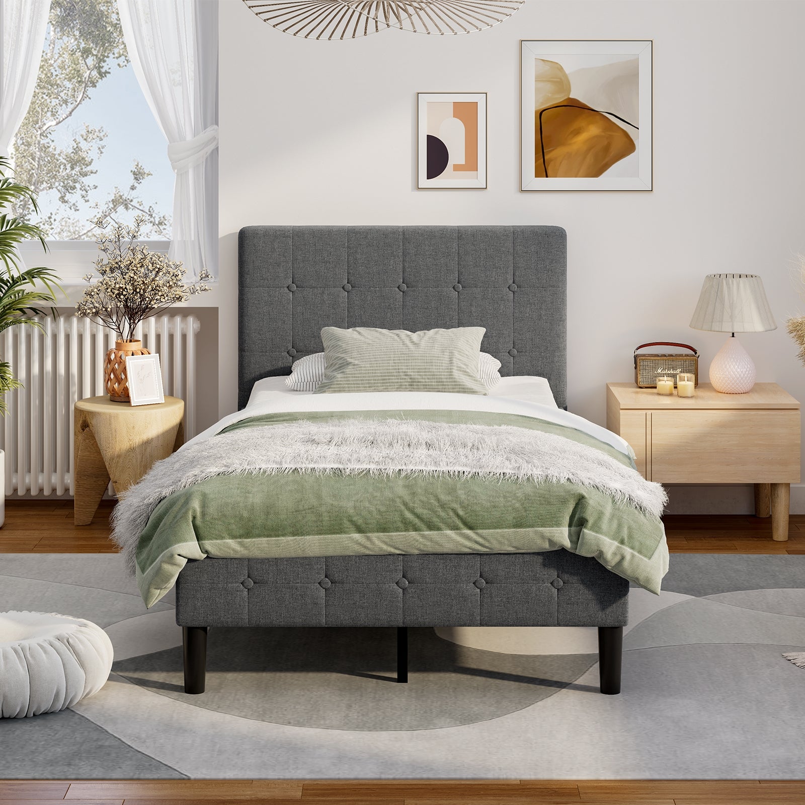 Platform Bed with Button Tufted Headboard, Gray Simple Bed Frame   at Gallery Canada