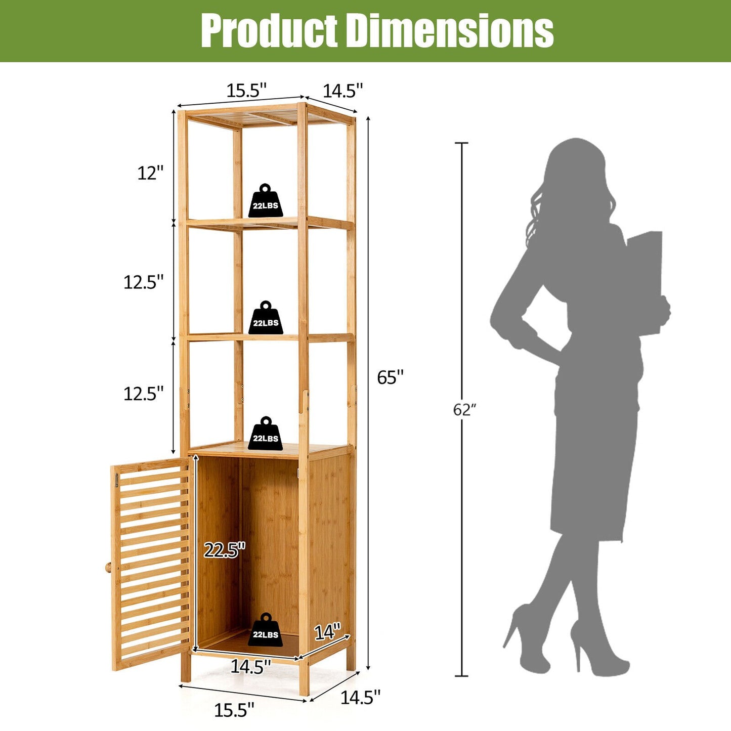 4 Tiers Slim Bamboo Floor Storage Cabinet with Shutter Door and Anti-Toppling Device, Natural Floor Cabinets   at Gallery Canada