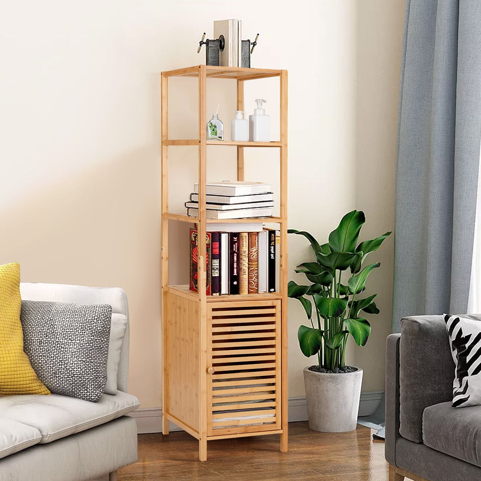 4 Tiers Slim Bamboo Floor Storage Cabinet with Shutter Door and Anti-Toppling Device, Natural Floor Cabinets   at Gallery Canada