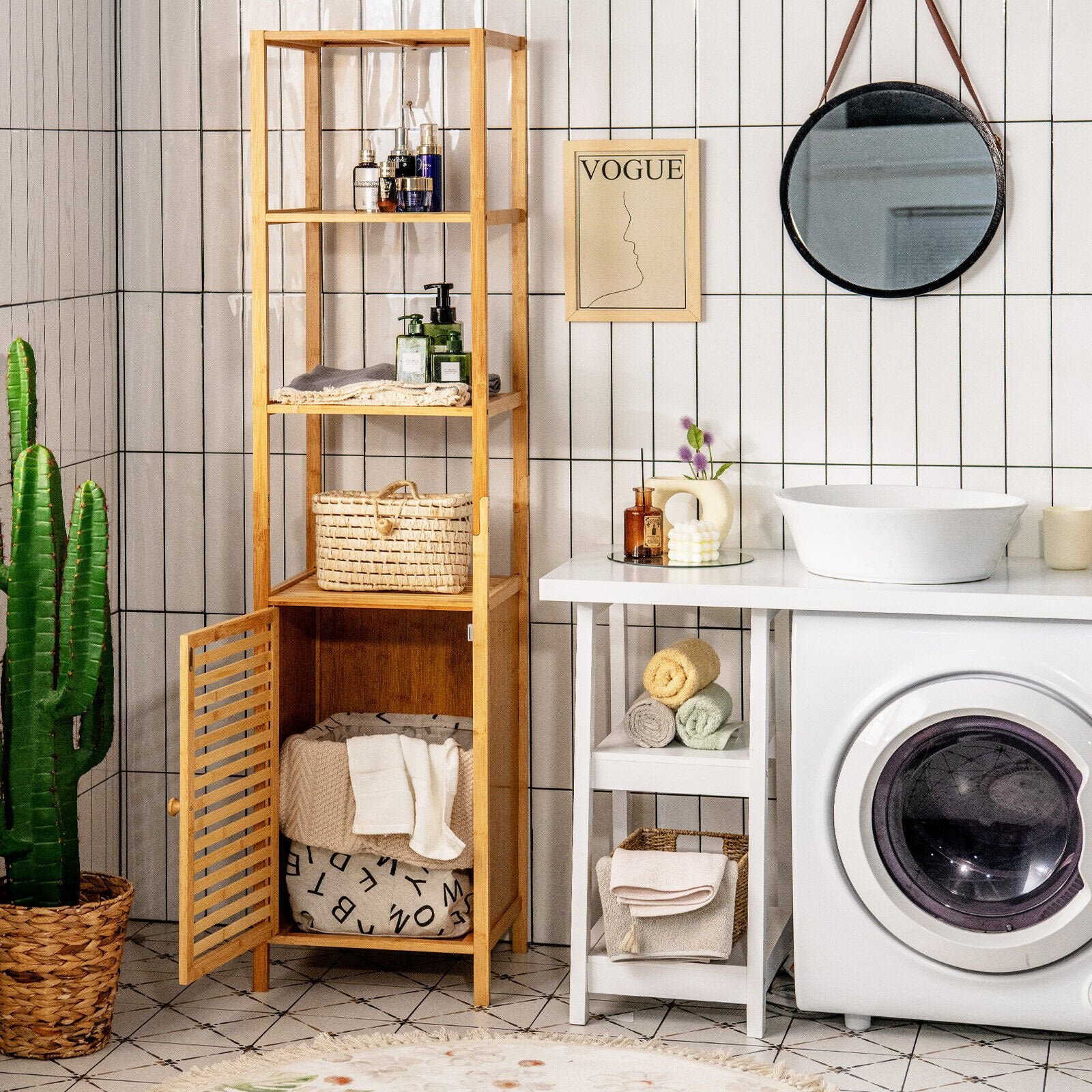 4 Tiers Slim Bamboo Floor Storage Cabinet with Shutter Door and Anti-Toppling Device, Natural Floor Cabinets   at Gallery Canada