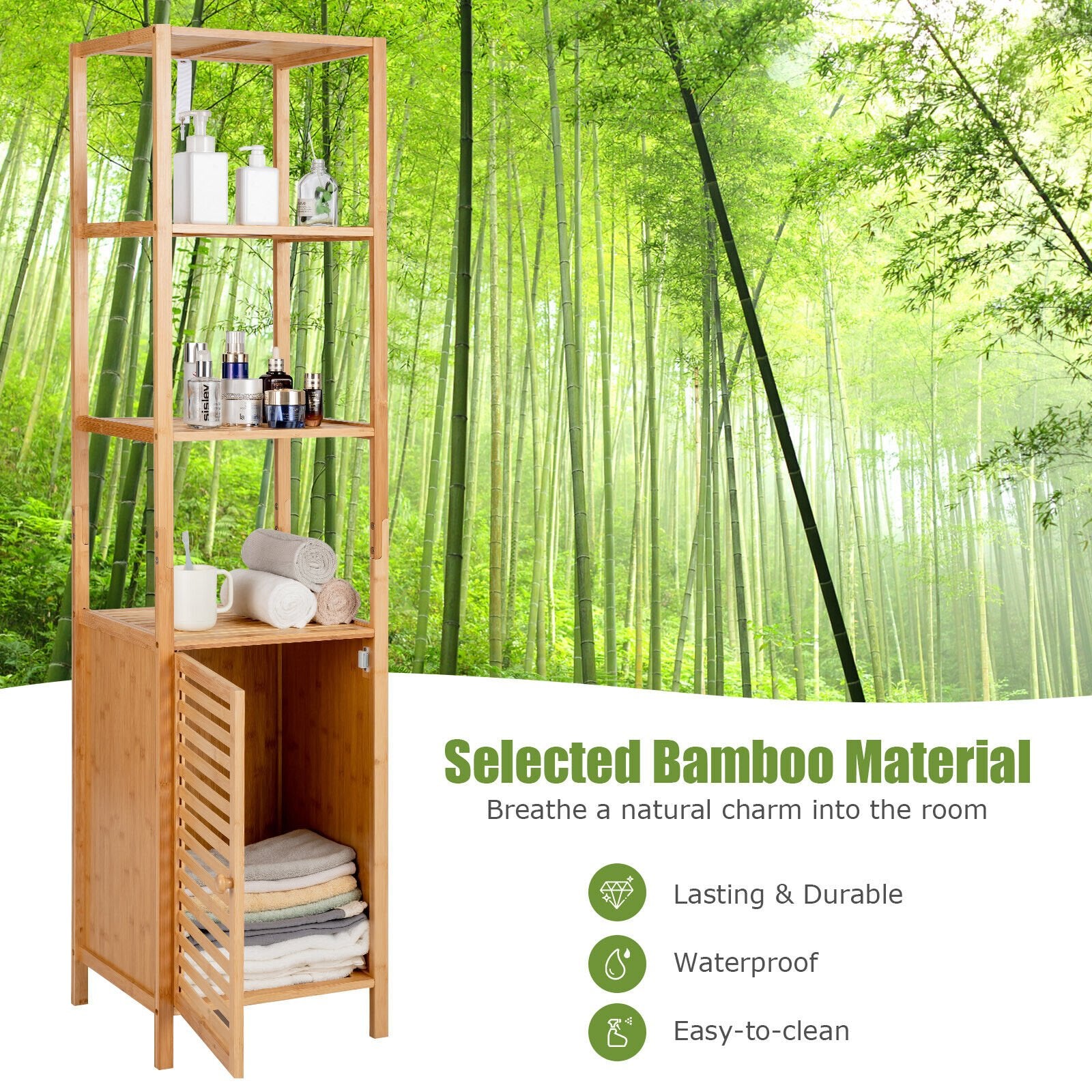 4 Tiers Slim Bamboo Floor Storage Cabinet with Shutter Door and Anti-Toppling Device, Natural Floor Cabinets   at Gallery Canada